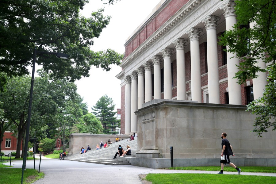 A view of Harvard Yard on the campus of Harvard University on July 8, 2020 in Cambridge, Mass. Harvard and Massachusetts Institute of Technology have sued the Trump administration for its decision to strip international college students of their visas if all of their courses are held online. (Maddie Meyer/Getty Images)