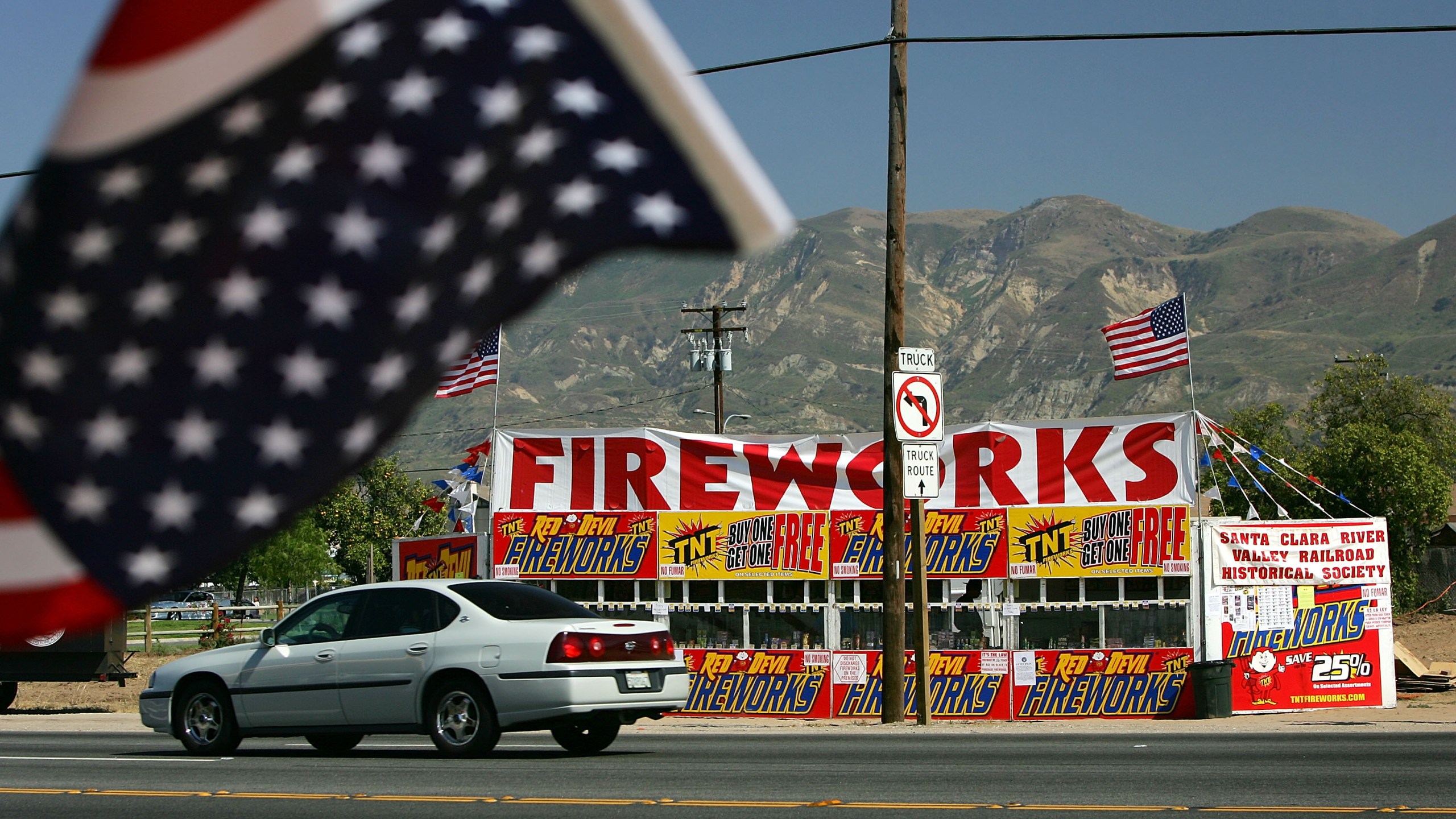 A fireworks stand, one of about 25 booths that are open for business, advertises on the first day of fireworks sales for Fourth of July celebrations June 28, 2005 in Fillmore. (David McNew/Getty Images)