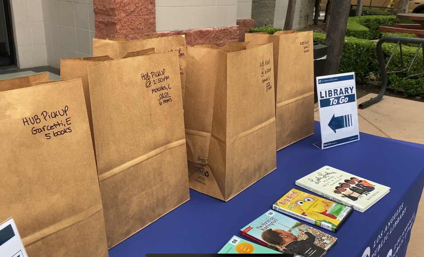 Books ready for pickup at a Los Angeles Public Library branch are shown in a photo provided by the agency on July 2, 2020.