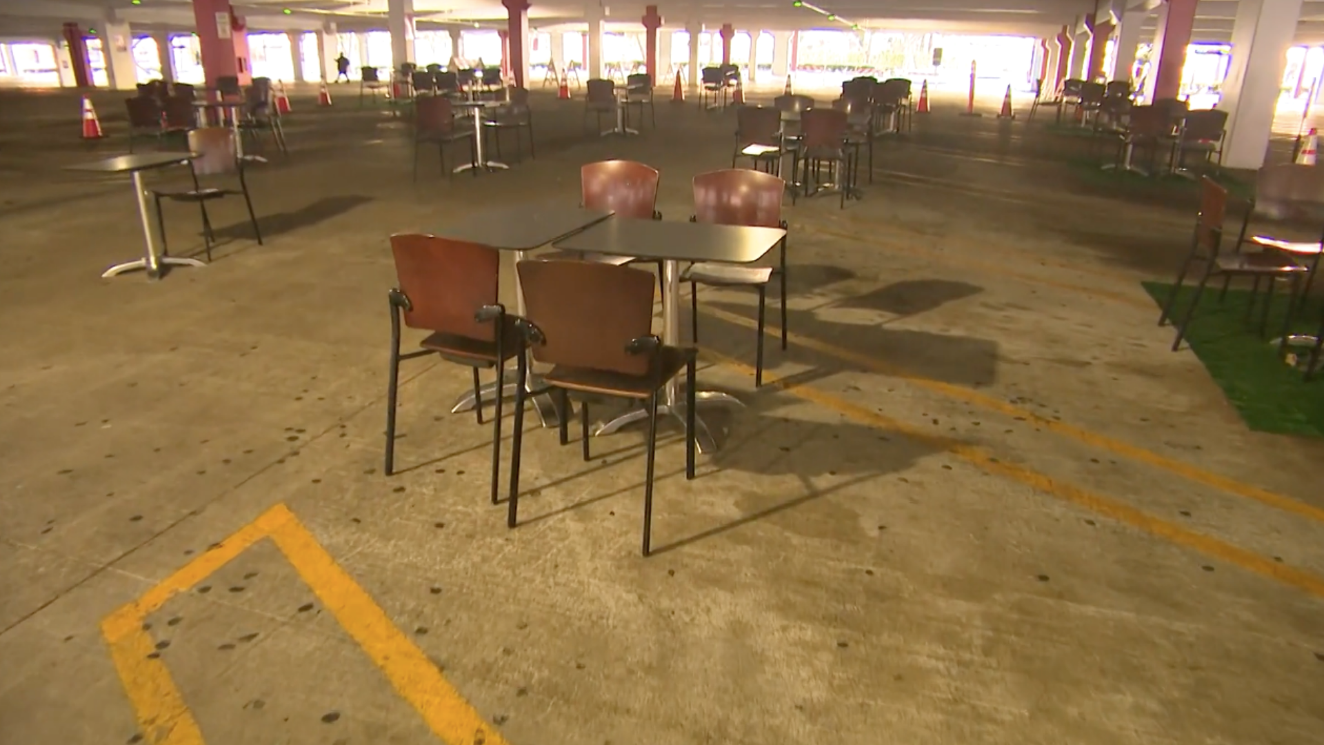 Outdoor dining set up at the parking garage in Glendale Galleria is seen on July 27, 2020.