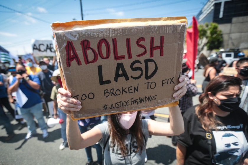 Demonstrators protest after the death of Andres Guardado, who was fatally shot by a Los Angeles County sheriff’s deputy last month. (Jason Armond / Los Angeles Times)