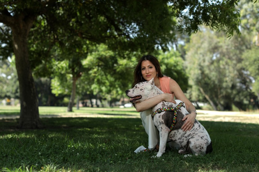 Natalia Soto, with her dog Moo, is a veterinary surgeon who says Marc Ching gave bad medical advice to a client whose dog was suffering from bladder stones.(Myung J. Chun / Los Angeles Times)