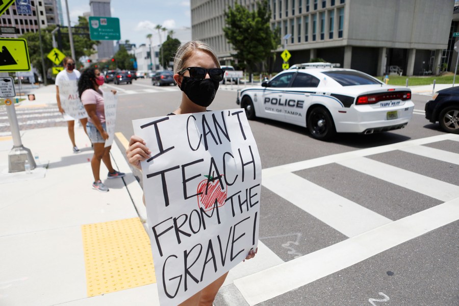 Middle school teacher Brittany Myers takes part in a protest in front of the Hillsborough County Schools District office in Tampa, Florida in this undated photo. (Octavio Jones/Getty Images)