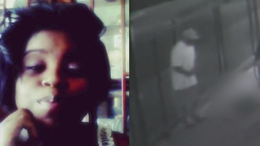 Homicide victim Karmond Stafford, 28, appears in a photo on the right. A still from surveillance footage showing the suspect in her killing is seen on the right. Stafford was found dead at a San Bernardino apartment complex on July 20, 2020. (San Bernardino Police Department)