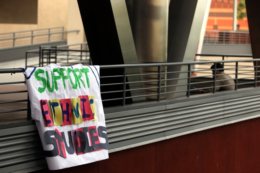 A banner is seen in 2014 in support of ethnic studies at Cal State University Los Angeles. (Rick Loomis / Los Angeles Times)