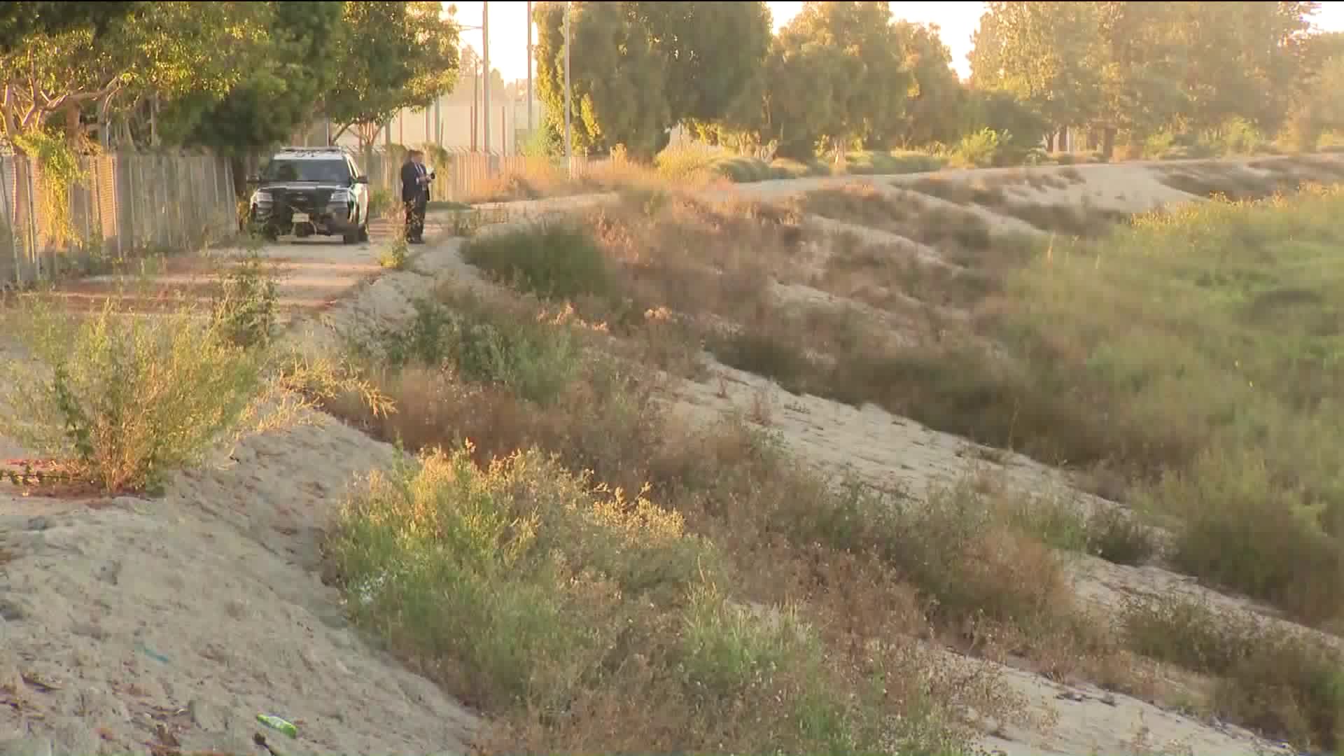 Human remains were found on Aug. 11, 2020, near a creek bed located on the 20200 block of South Santa Fe Avenue in Rancho Dominguez. (KTLA)