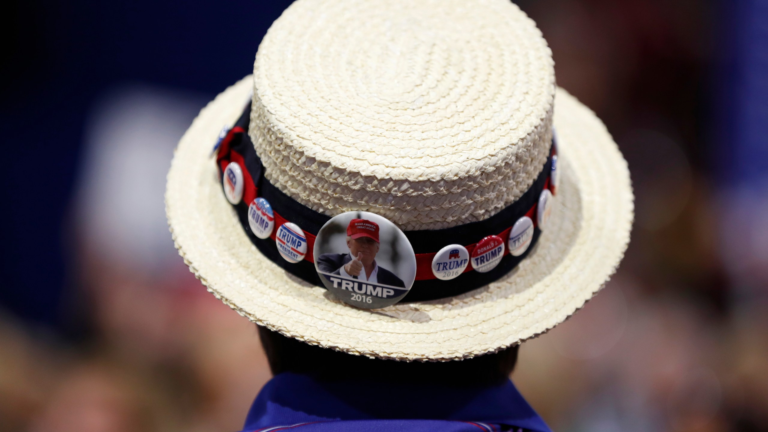 In this July 20, 2016 file photo, a delegate shows off support for Republican Presidential Candidate Donald Trump during the third day session of the Republican National Convention in Cleveland. (AP Photo/Carolyn Kaster)