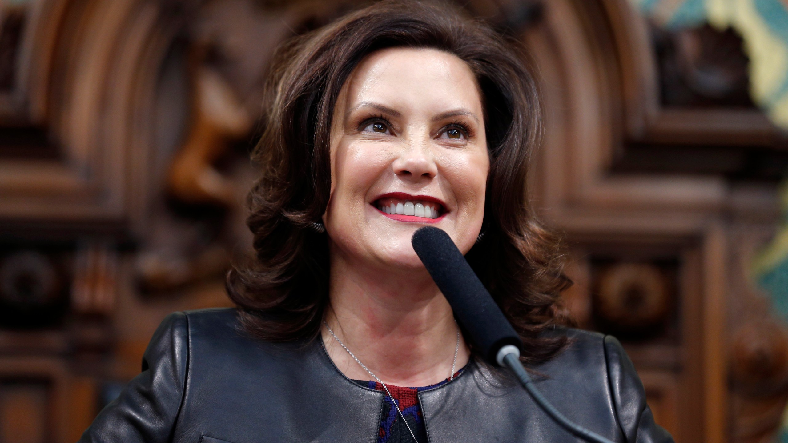 Michigan Gov. Gretchen Whitmer delivers her State of the State address at the state Capitol in Lansing, Michigan on Jan. 29, 2020. (AP Photo/Al Goldis, File)