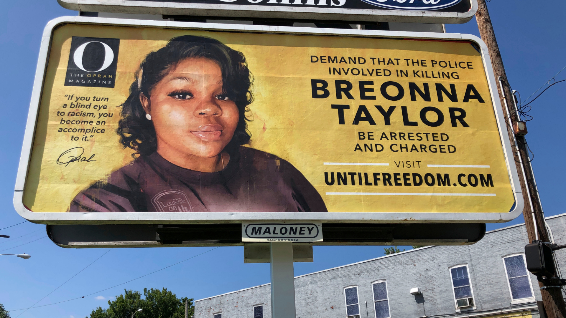 A billboard sponsored by O, The Oprah Magazine, is on display with with a photo of Breonna Taylor on Aug. 7, 2020, in Louisville, Kentucky. (Dylan T. Lovan / Associated Press)