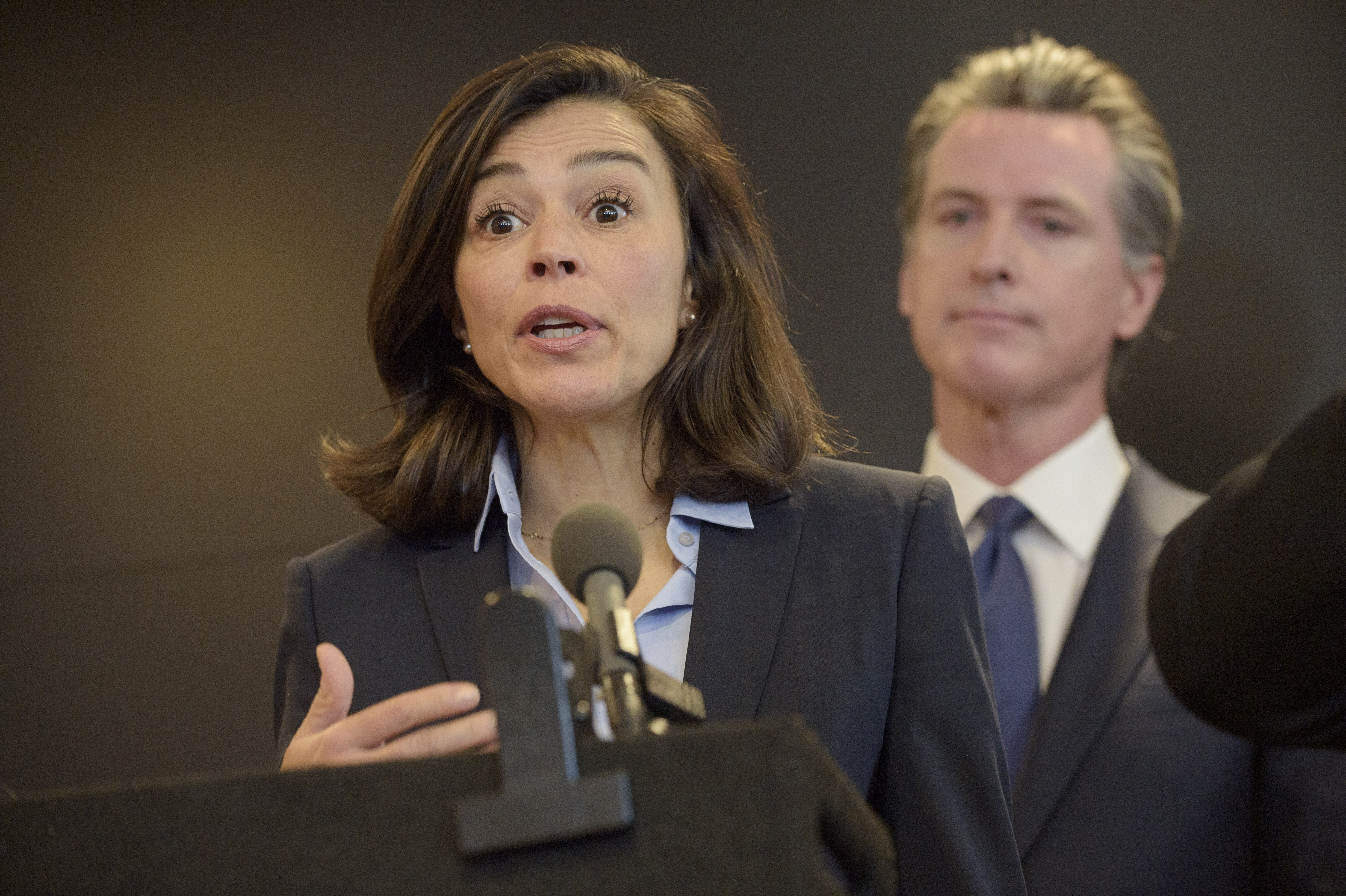 In this Feb. 27, 2020, file photo, California Department of Public Health Director and State Health Officer Dr. Sonia Angell speaks to members of the press at a news conference in Sacramento, Calif.. Angell announced she was departing from her role as director and state public health officer for the California Department of Public Health in a letter to staff that was released Sunday, Aug. 9, 2020. (AP Photo/Randall Benton, File)