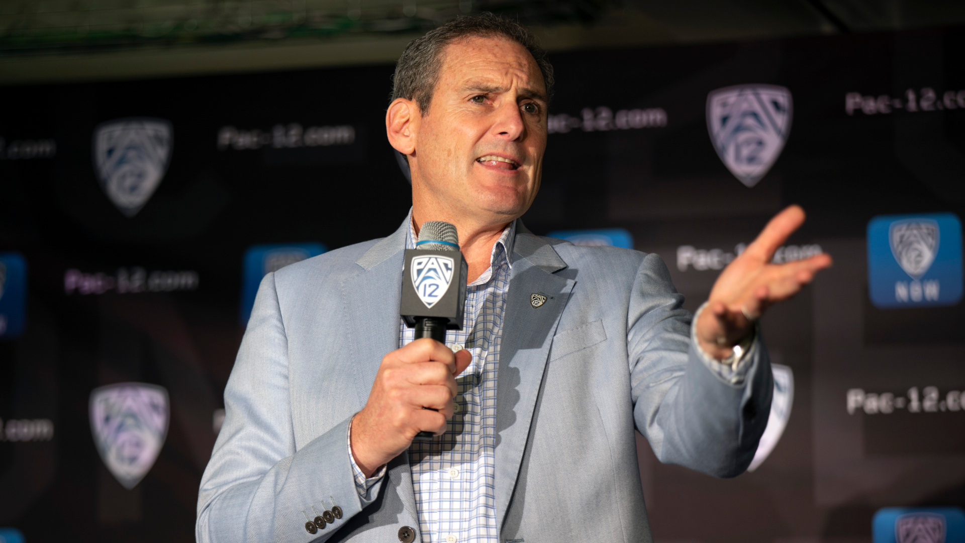 Commissioner Larry Scott speaks during the Pac-12 NCAA college basketball media day in San Francisco on Oct. 8, 2019. (D. Ross Cameron / Associated Press)