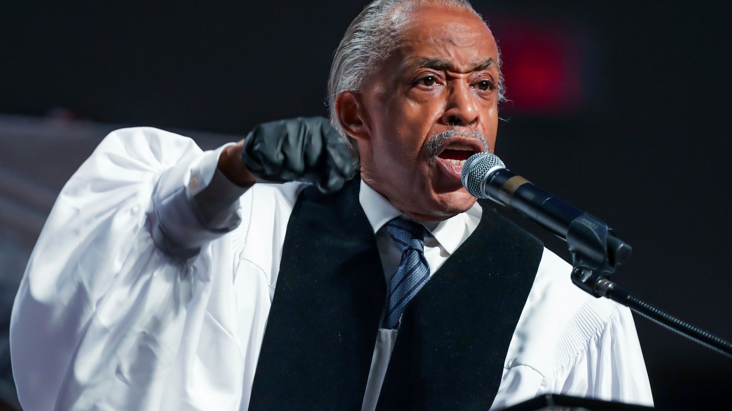 The Rev. Al Sharpton speaks during the funeral for George Floyd at The Fountain of Praise church in Houston on June 9, 2020. (Godofredo A. Vásquez/Houston Chronicle via Associated Press, Pool)