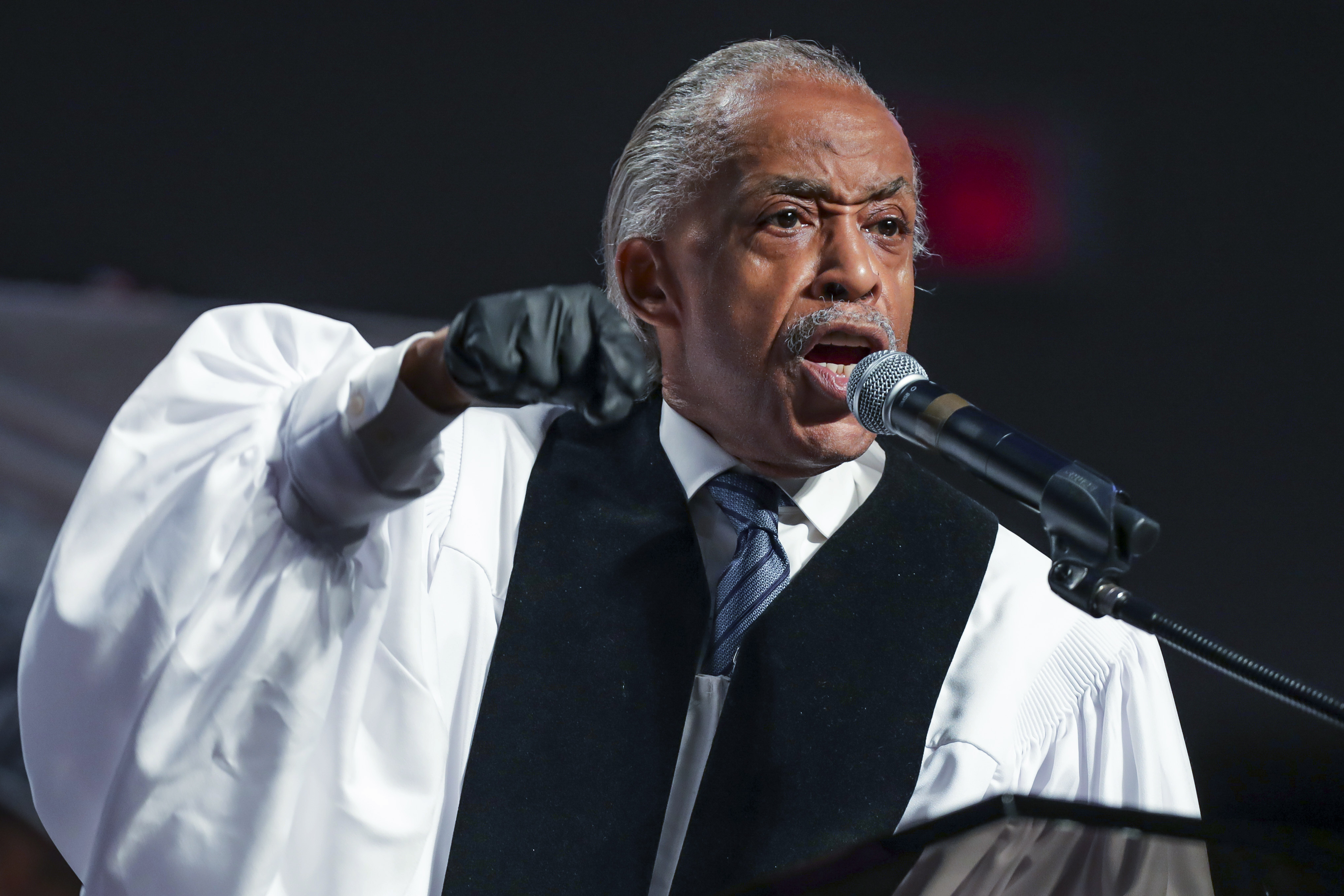 The Rev. Al Sharpton speaks during the funeral for George Floyd at The Fountain of Praise church in Houston on June 9, 2020. (Godofredo A. Vásquez/Houston Chronicle via Associated Press, Pool)