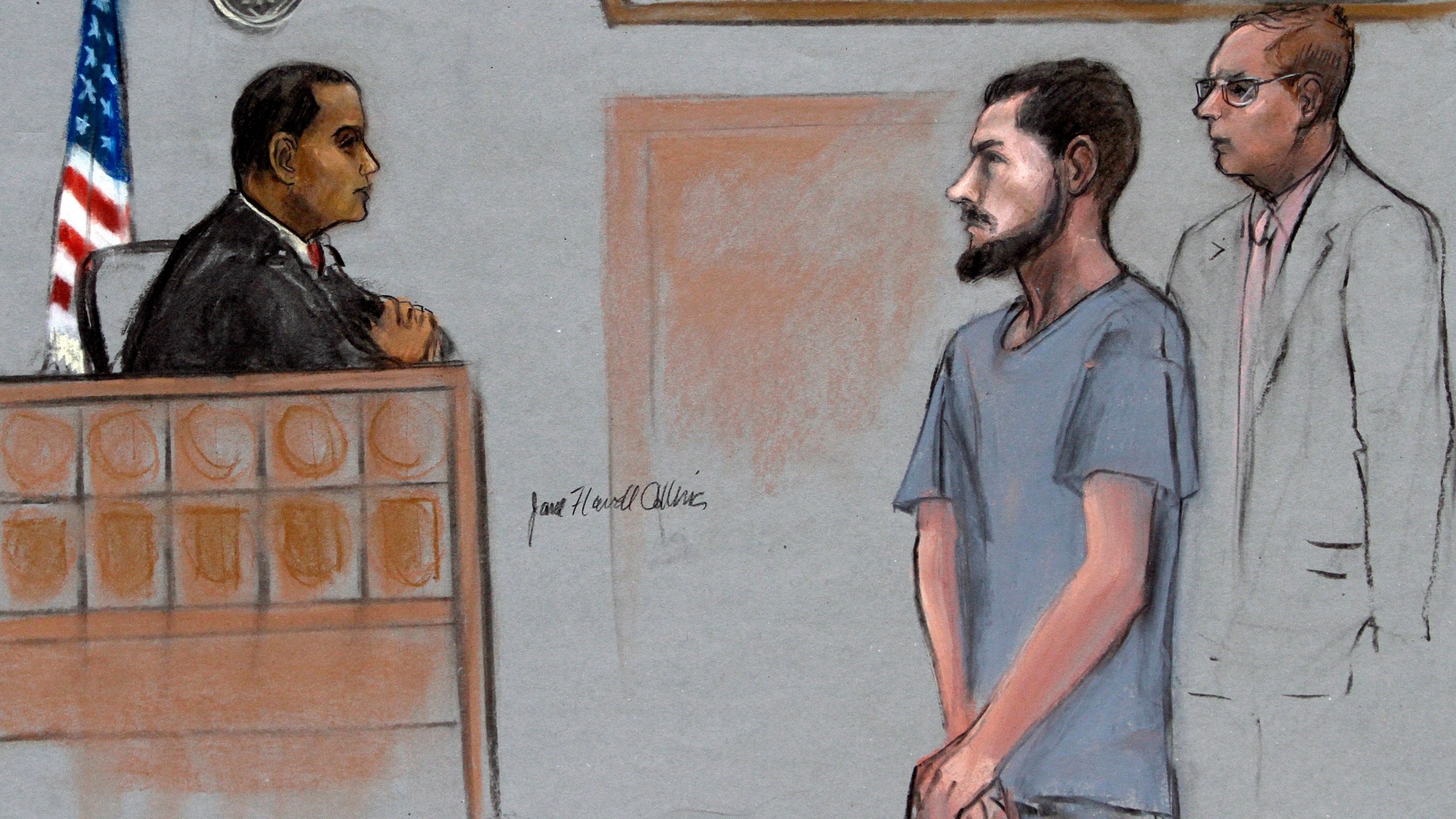 In this Friday, June 12, 2015, file courtroom sketch, Nicholas Rovinski, second from right, of Warwick, R.I., is depicted standing with his attorney William Fick, right, as Magistrate Judge Donald Cabell, left, presides during a hearing in federal court in Boston. In August 2020, U.S. District Judge William Young ordered Rovinski's early release after his lawyers argued that his medical conditions make him particularly susceptible to serious illness from COVID-19. (Jane Flavell Collins via AP, File)