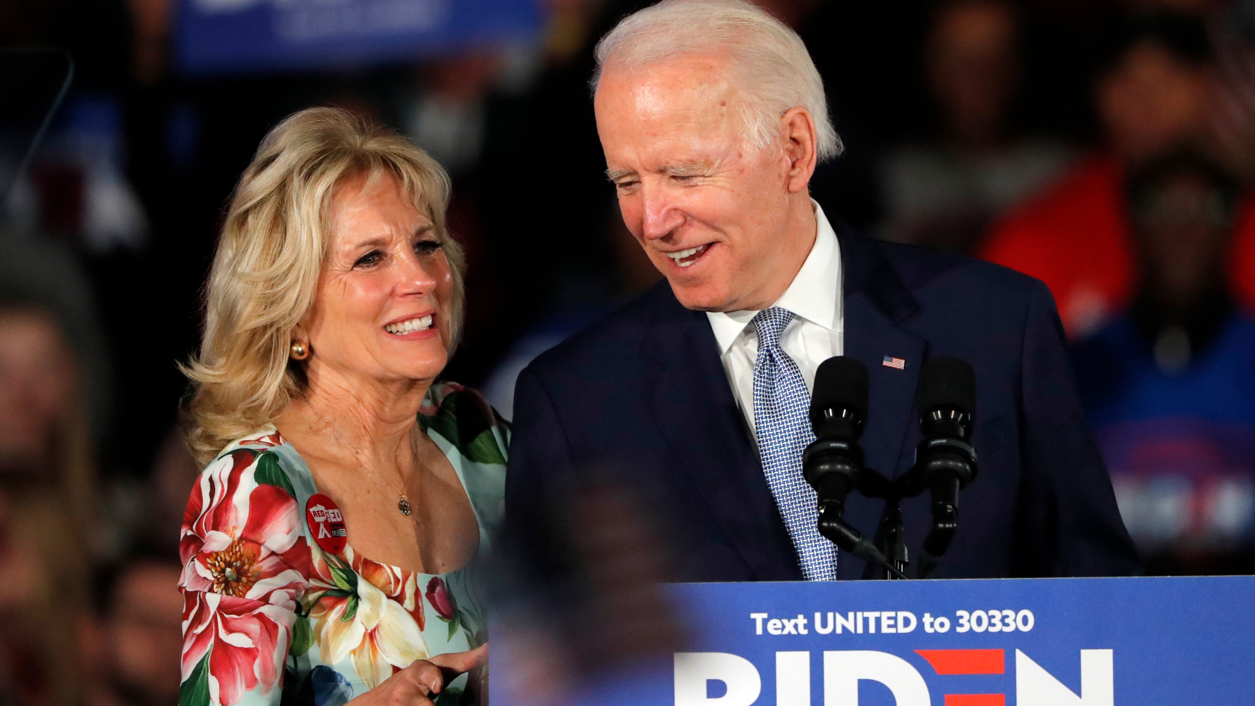 Democratic presidential candidate former Vice President Joe Biden, accompanied by his wife Jill Biden, speaks at a primary night election rally in Columbia, South Carolina, on Feb. 29, 2020. (Gerald Herbert / Associated Press)