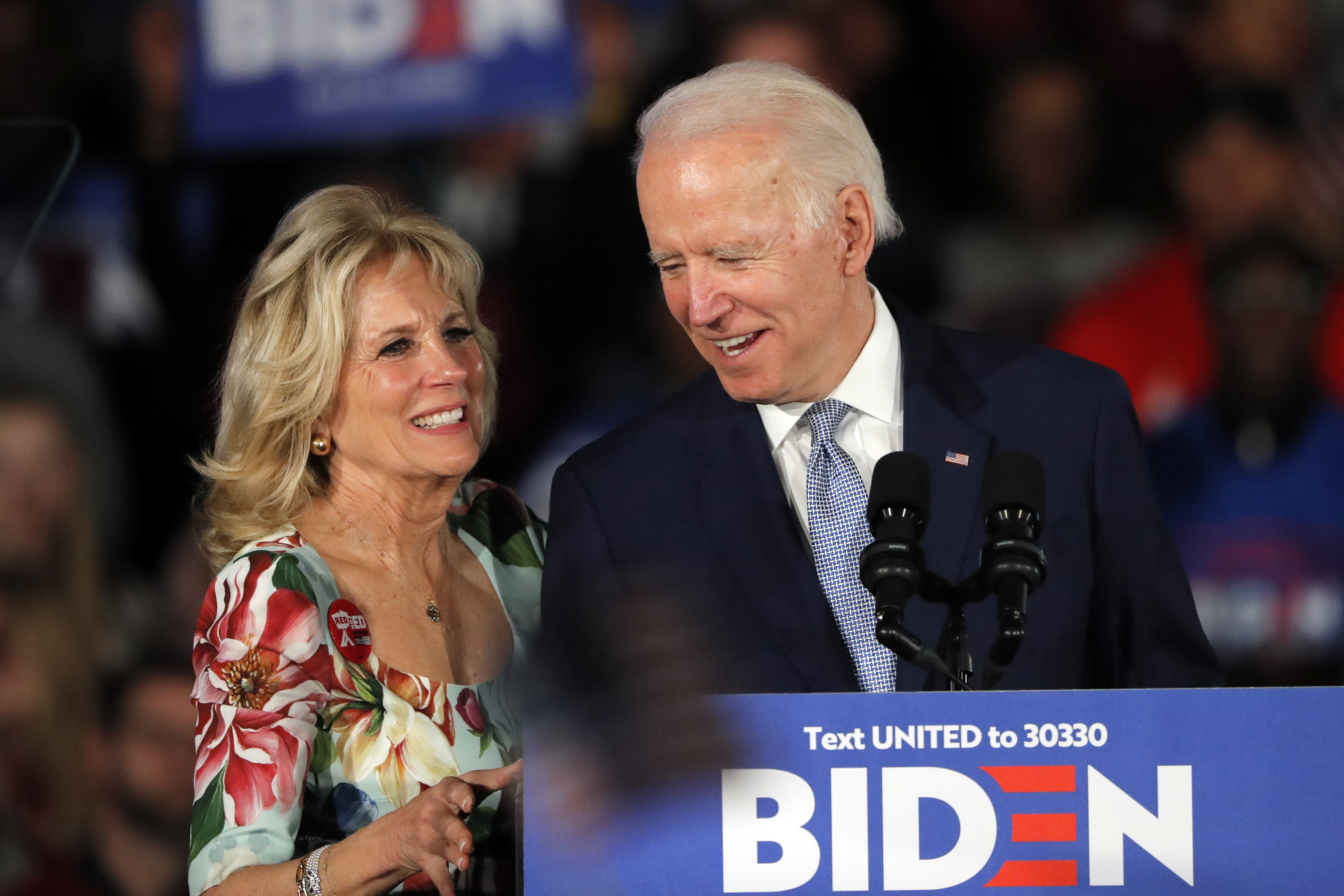 Democratic presidential candidate former Vice President Joe Biden, accompanied by his wife Jill Biden, speaks at a primary night election rally in Columbia, South Carolina, on Feb. 29, 2020. (Gerald Herbert / Associated Press)