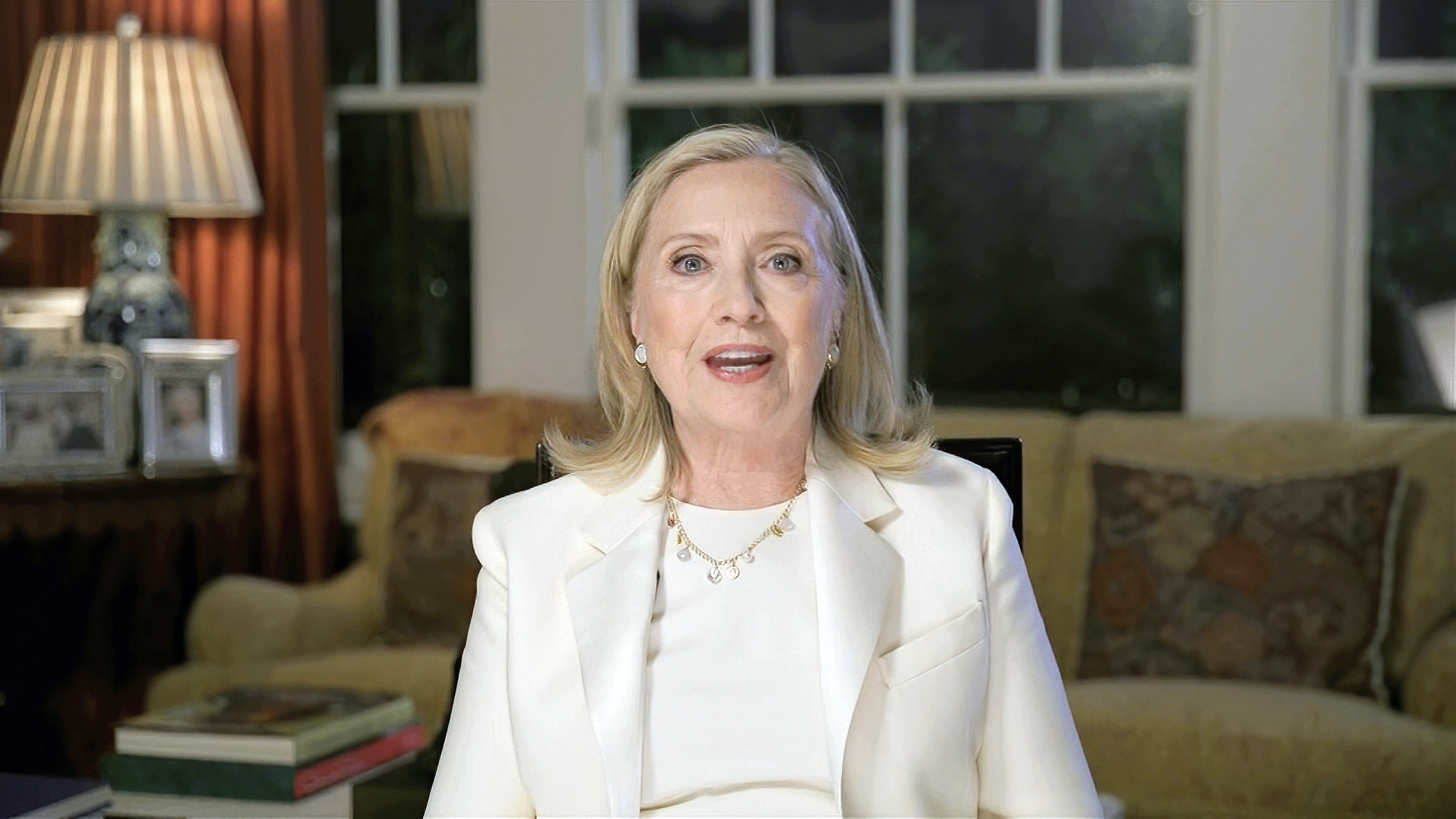 In this image from video, former Secretary of State Hillary Clinton speaks during the third night of the Democratic National Convention on Aug. 19, 2020. (Democratic National Convention via Associated Press)