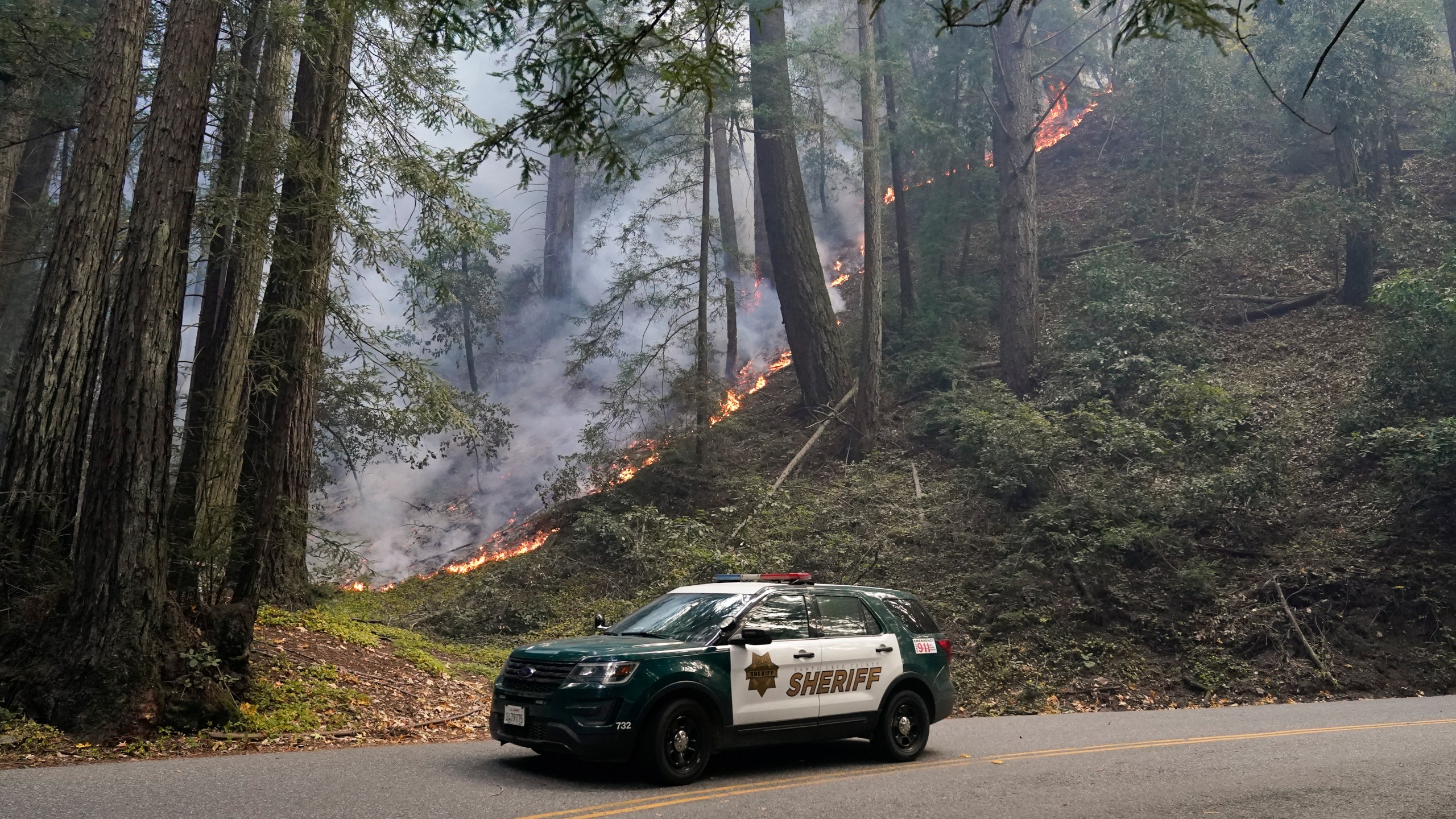 A police vehicle is seen under a forest being burned by the CZU August Lightning Complex Fire Monday, Aug. 24, 2020 near in Bonny Doon, Calif. (AP Photo/Marcio Jose Sanchez)