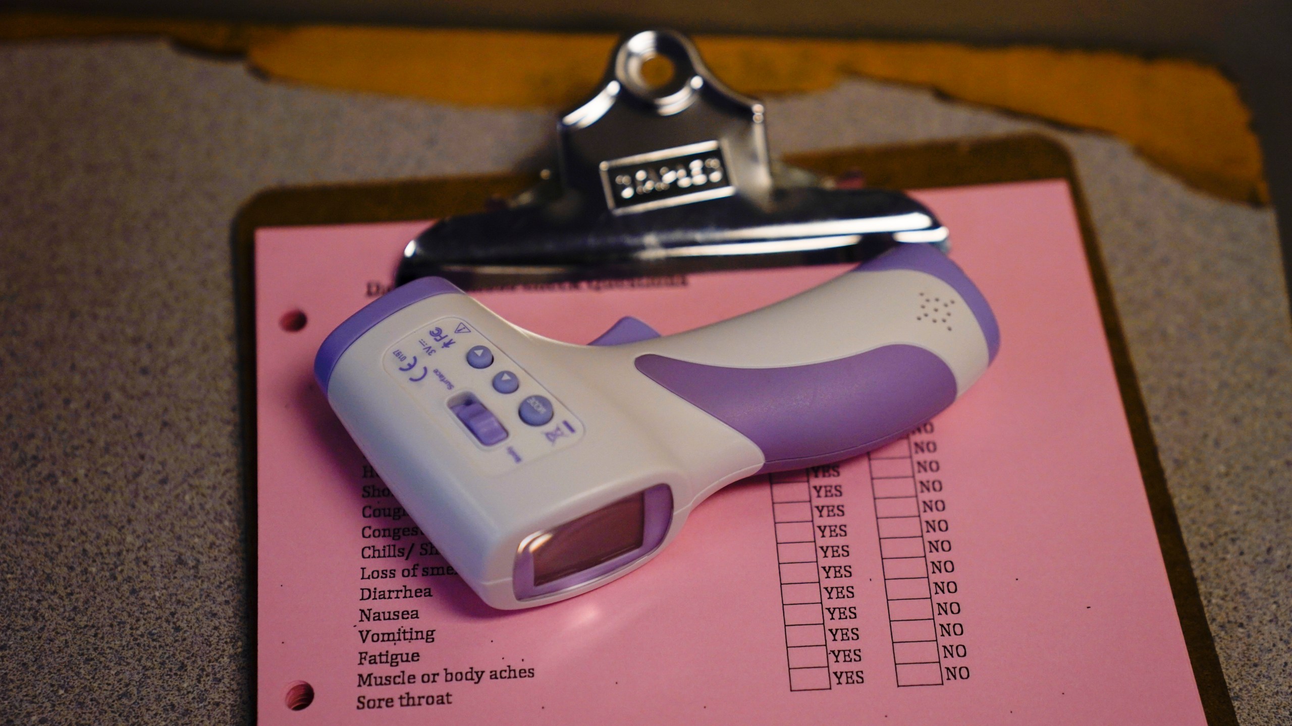 An infrared thermometer is seen near the entrance at the Boys & Girls Club of Hollywood on Aug. 26, 2020. (Jae C. Hong / Associated Press)