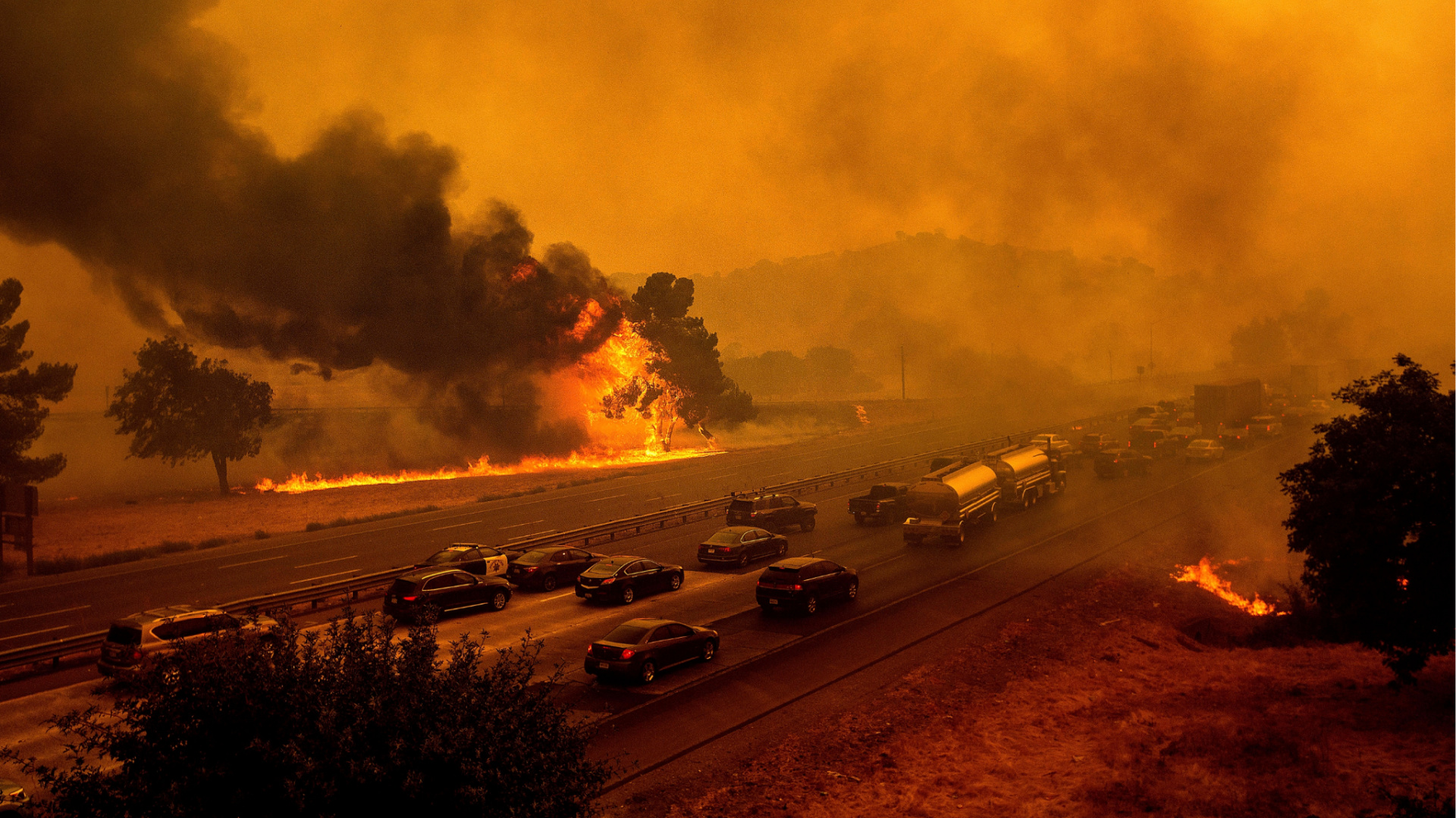 Flames from the LNU Lightning Complex fires jump Interstate 80 in Vacaville on Aug. 19, 2020. The highway was closed in both directions shortly afterward. (AP Photo/Noah Berger, File)