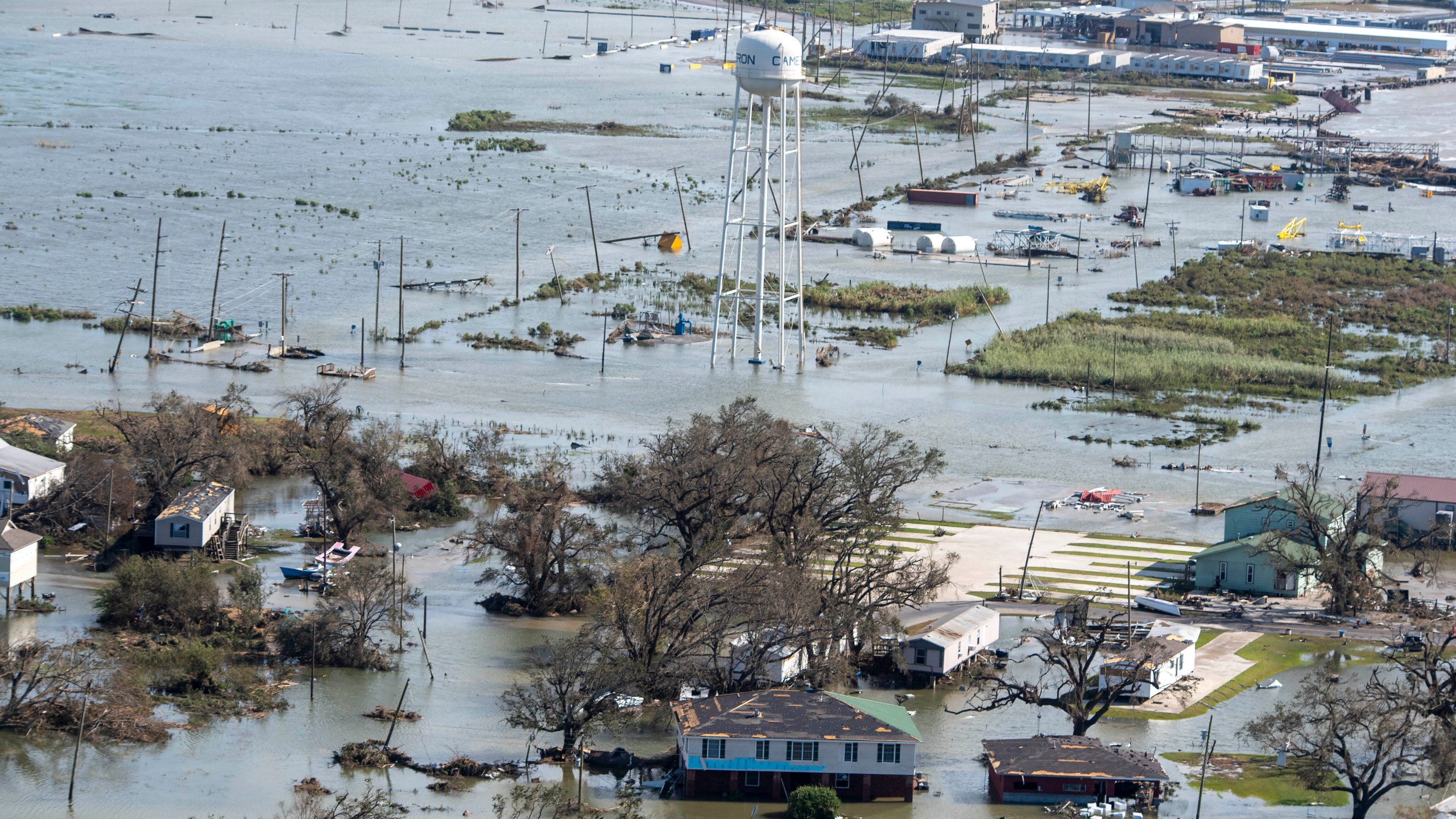 Water covers land after the passage of Hurricane Laura, Thursday Aug. 27, 2020, in Cameron, La. (Bill Feig/The Advocate via AP, Pool)