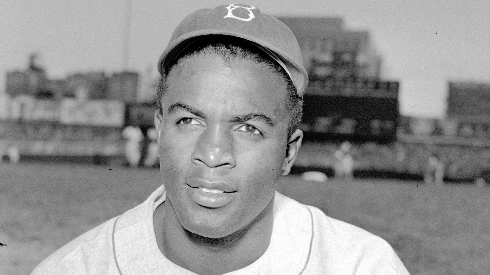 Brooklyn Dodgers baseball player Jackie Robinson is seen in a portrait from April 18, 1948. (Associated Press)