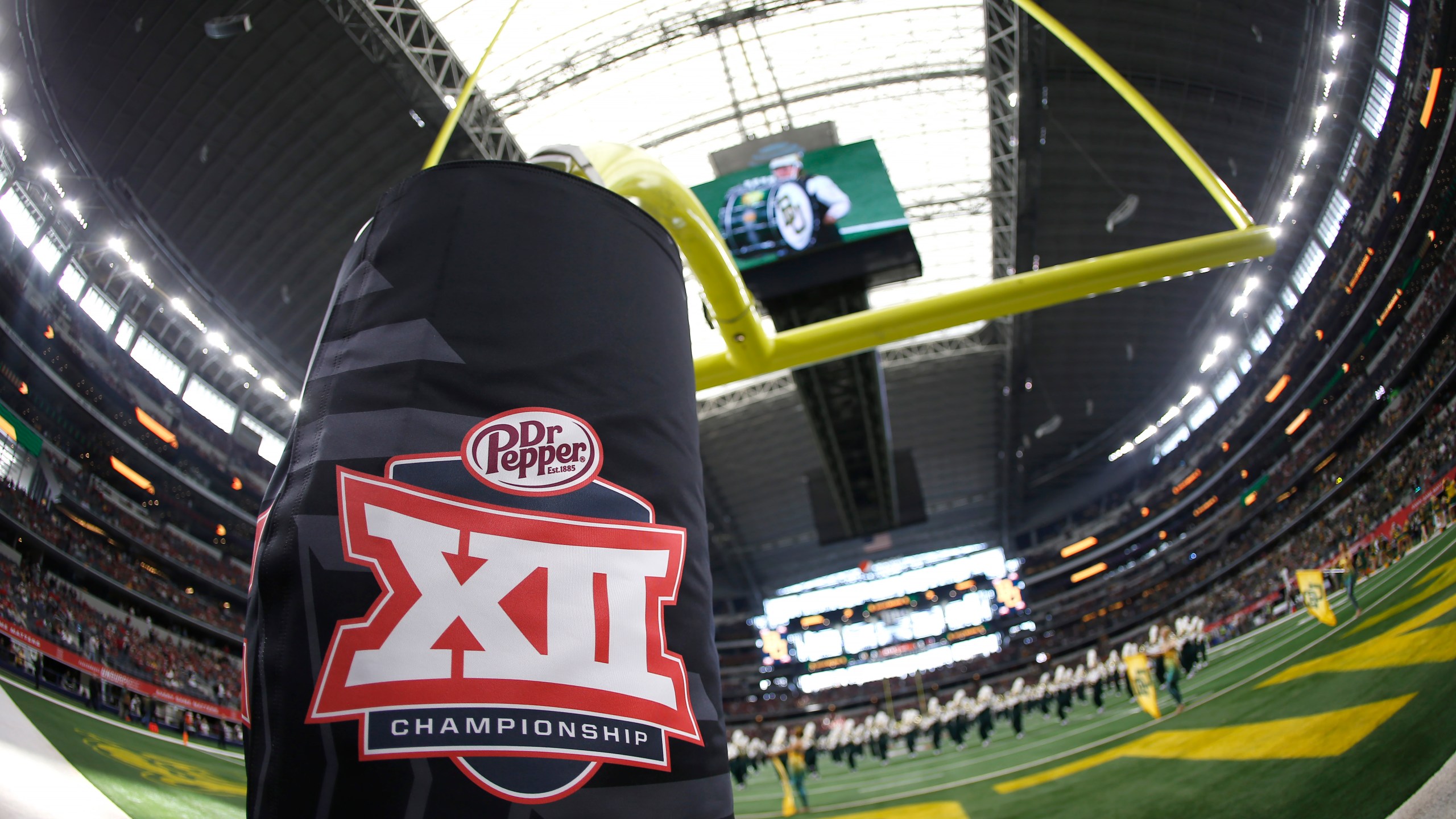 Detail view of Big 12 logo as the Baylor Bears band plays on the field before Baylor plays the Oklahoma Sooners in the Big 12 Football Championship at AT&T Stadium on December 7, 2019 in Arlington, Texas. (Ron Jenkins/Getty Images)