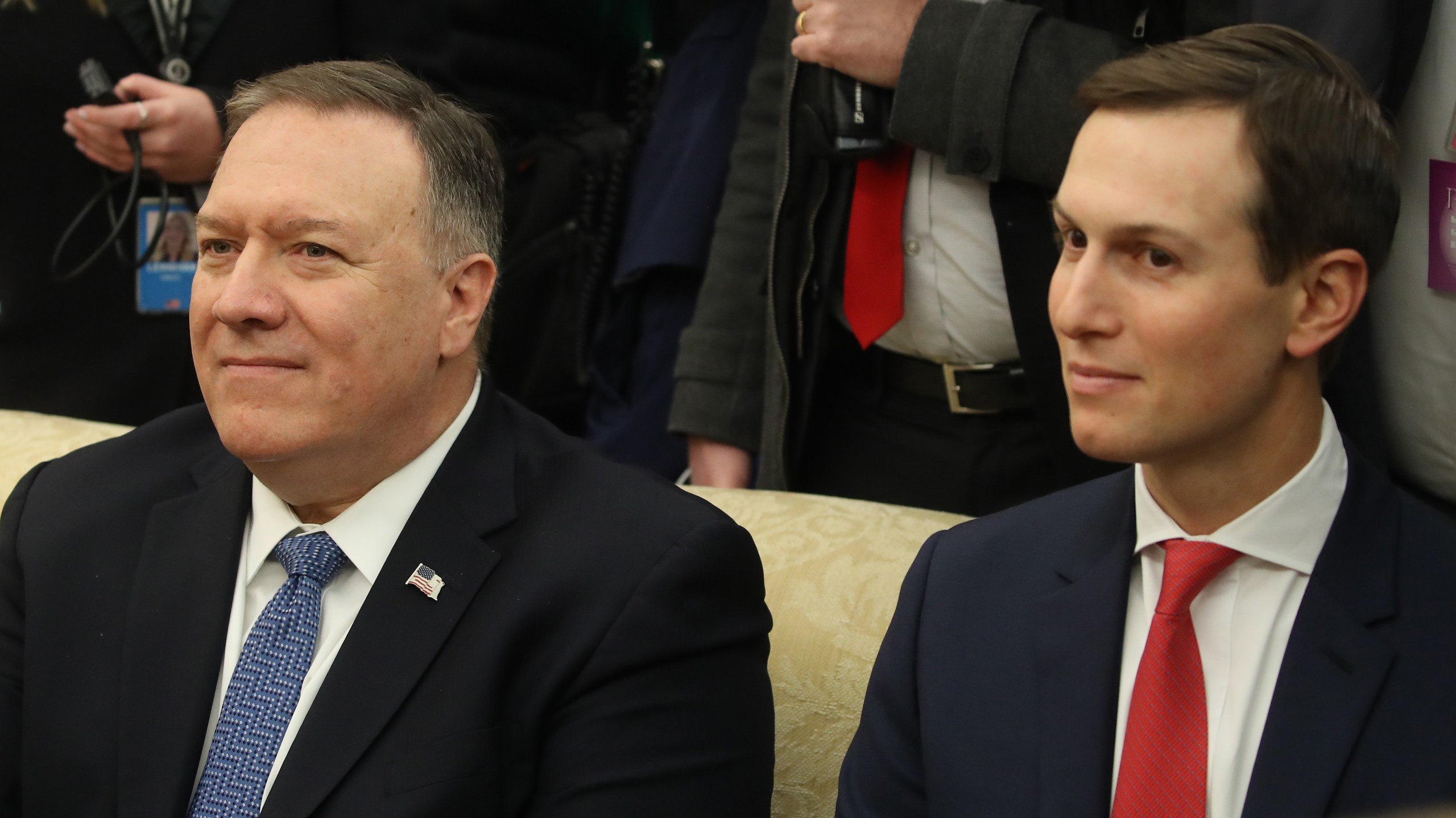 Secretary of State Mike Pompeo (L) and Senior White House Advisor Jared Kushner attend a meeting in the Oval Office with U.S. President Donald Trump and Israeli Prime Minister Benjamin Netanyahu, at the White House on Jan. 27, 2020, in Washington, D.C. (Mark Wilson/Getty Images)