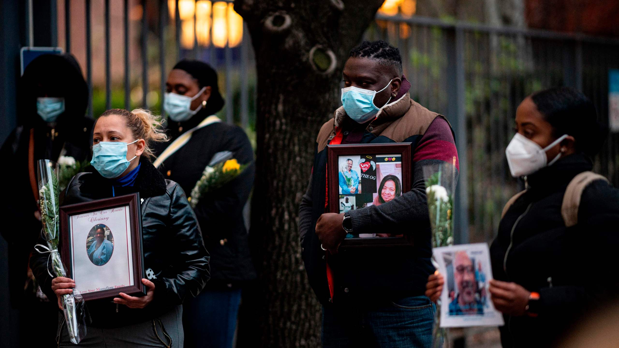 Nurses and health care workers mourn and remember their colleagues who died during the COVID-19 outbreak at a demonstration outside Mount Sinai Hospital in Manhattan on April 10, 2020 in New York City. (JOHANNES EISELE/AFP via Getty Images)