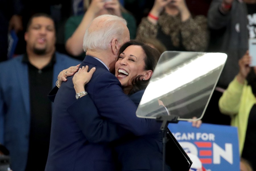 Sen. Kamala Harris (L) (D-CA), hugs Democratic presidential candidate former Vice President Joe Biden after introducing him at a campaign rally at Renaissance High School on March 09, 2020 in Detroit, Michigan. (Scott Olson/Getty Images)