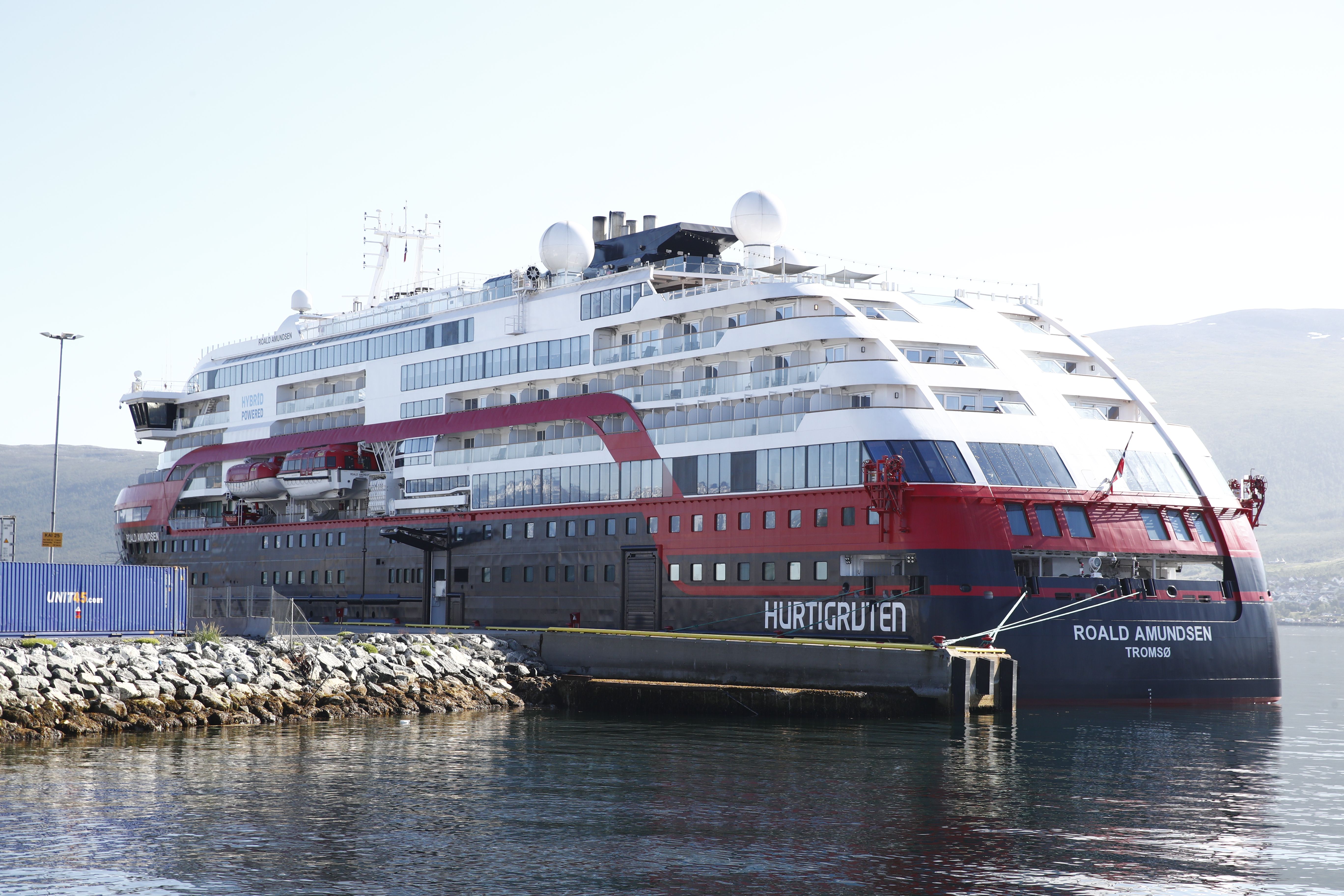 The Hurtigruten ship Roald Amundsen is moored on August 3, 2020 in Breivika, in Tromsø, northern Norway, following an outbreak of the novel coronavirus (Covid-19)on board the ship. (TERJE PEDERSEN/NTB Scanpix/AFP via Getty Images)