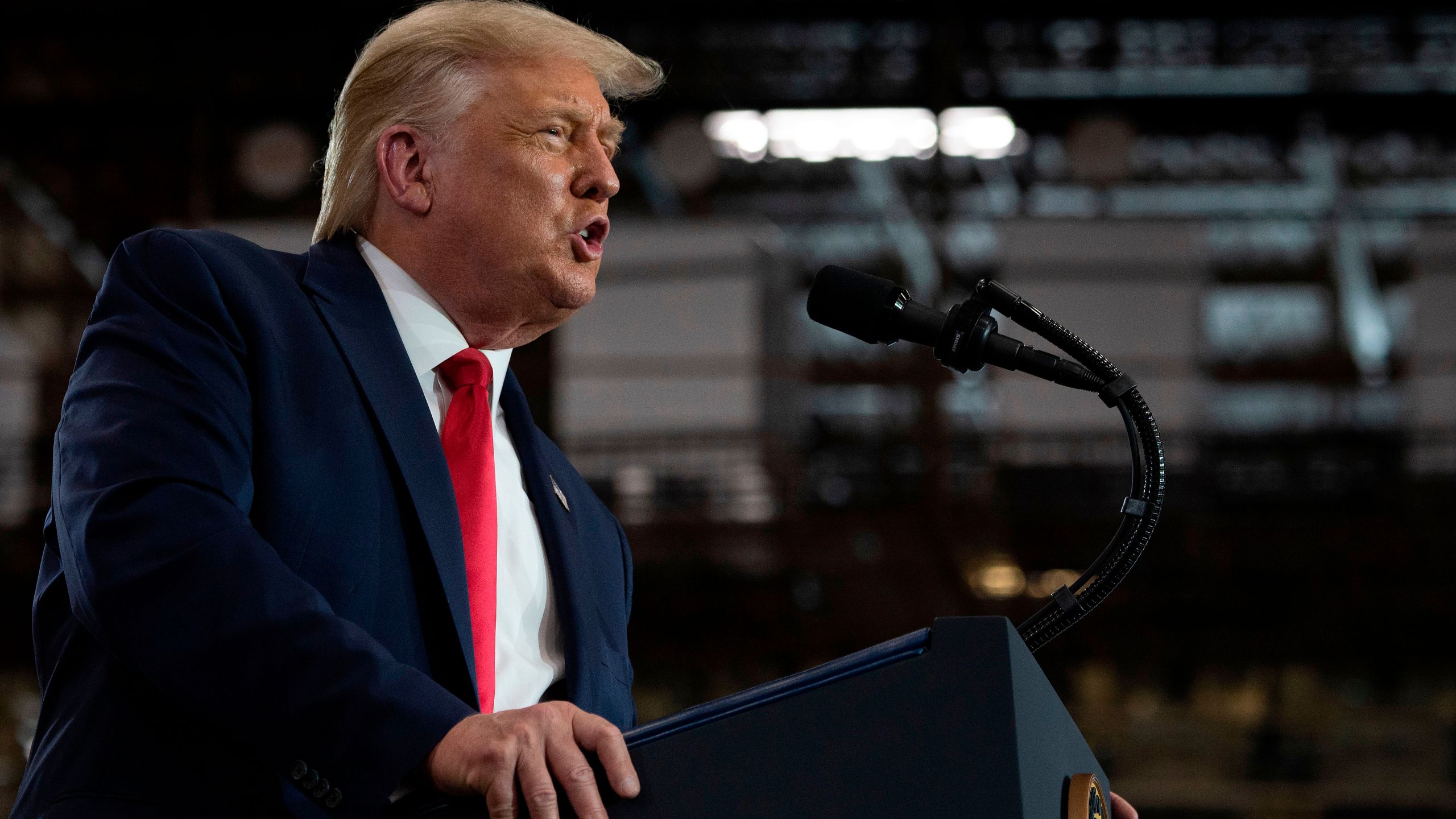 Donald Trump speaks after touring the Whirlpool Corporation Manufacturing Plant in Clyde, Ohio, on Aug. 6, 2020. (JIM WATSON/AFP via Getty Images)