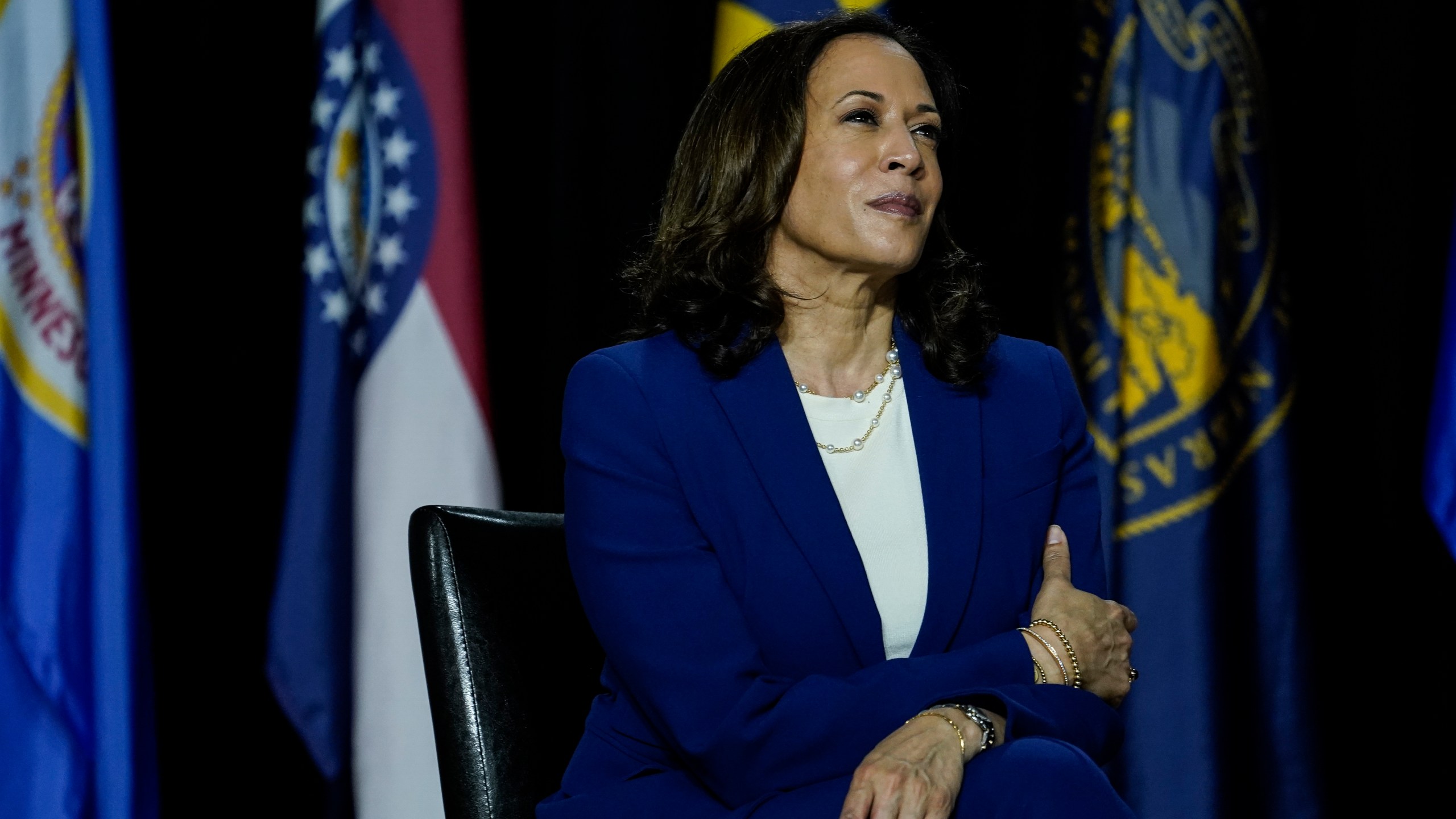 Sen. Kamala Harris listens to Joe Biden make remarks at the Alexis Dupont High School on Aug. 12, 2020 in Wilmington, Delaware. (Drew Angerer/Getty Images)