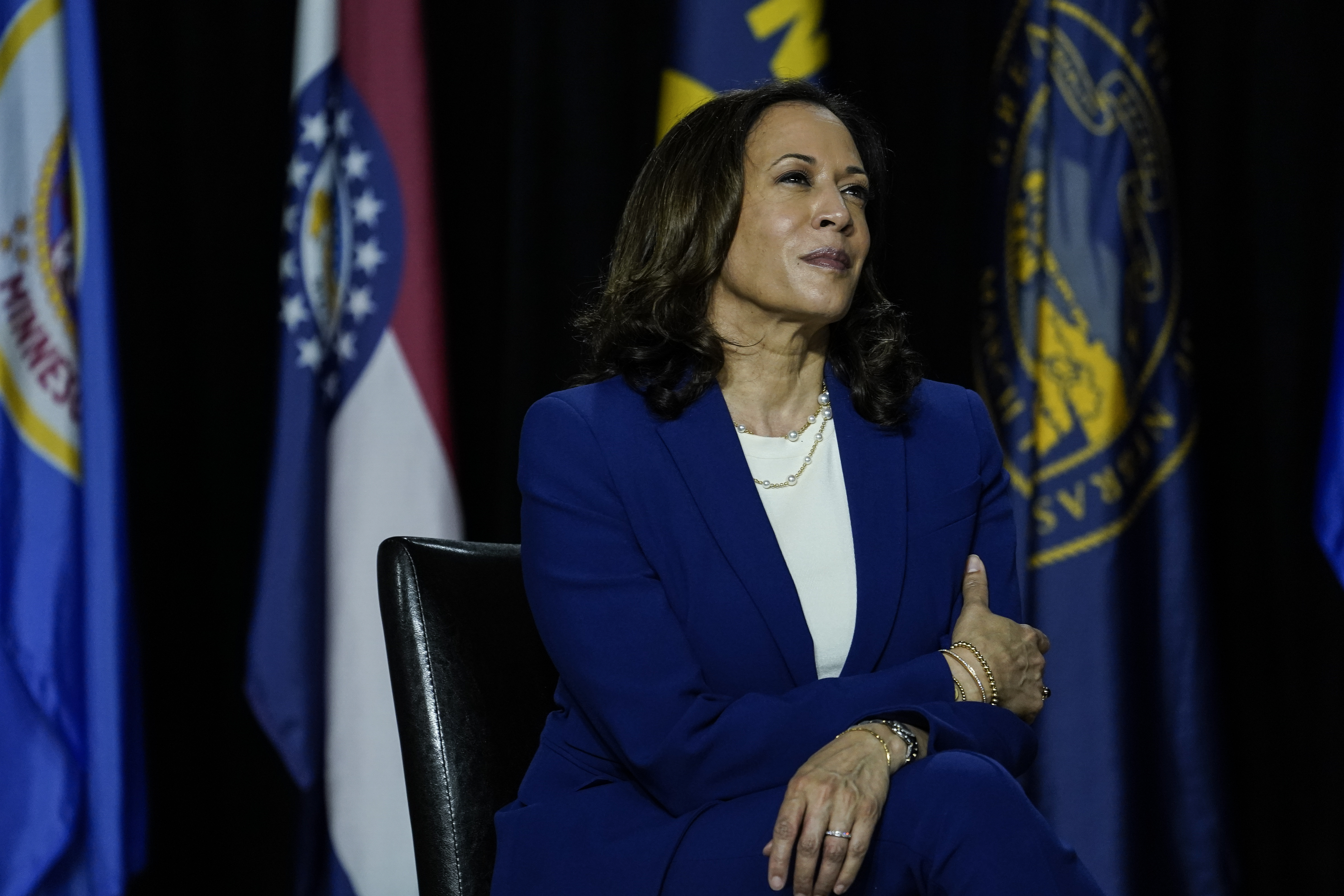 Sen. Kamala Harris listens to Joe Biden make remarks at the Alexis Dupont High School on Aug. 12, 2020 in Wilmington, Delaware. (Drew Angerer/Getty Images)