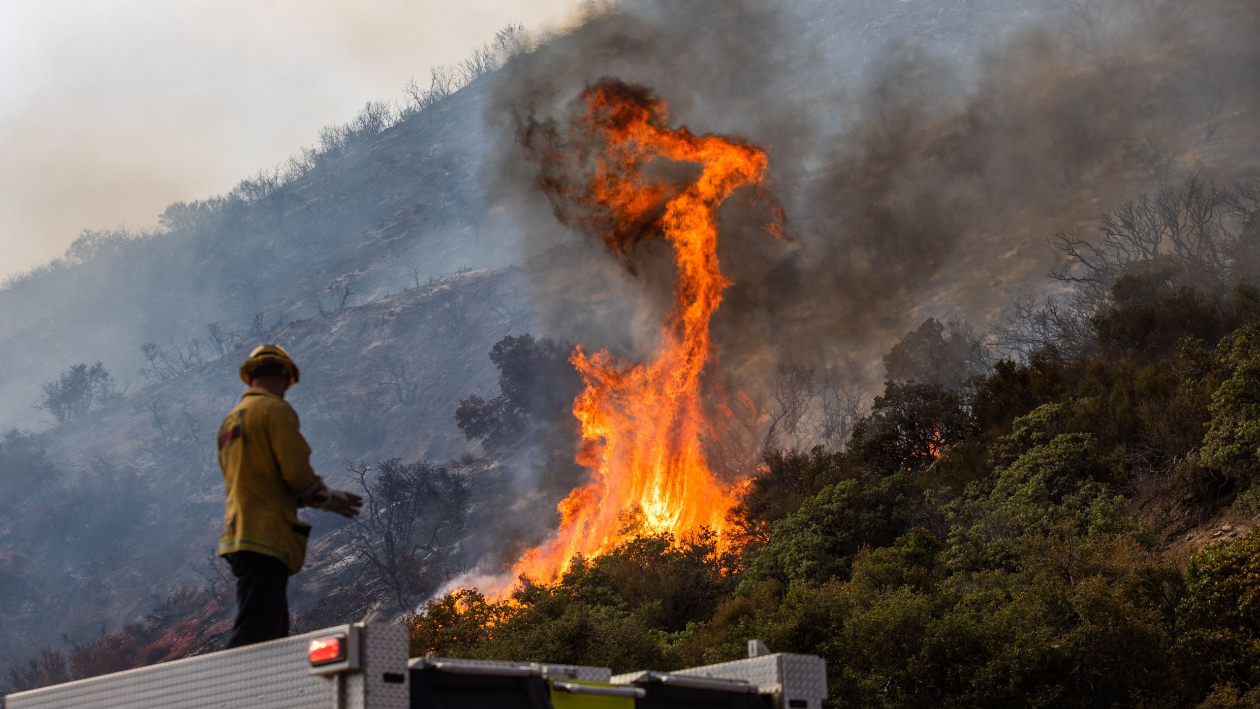 A Riverside firefighter stands on top of his truck during the Lake Fire at Pine Canyon Road in the Angeles National Forest, by Lake Hughes, 60 miles north of Los Angeles, California on August 15, 2020. - The Lake fire already burned more han 17000 acres and it is 12% contained according to SoCal Air Operations.(APU GOMES/AFP via Getty Images)