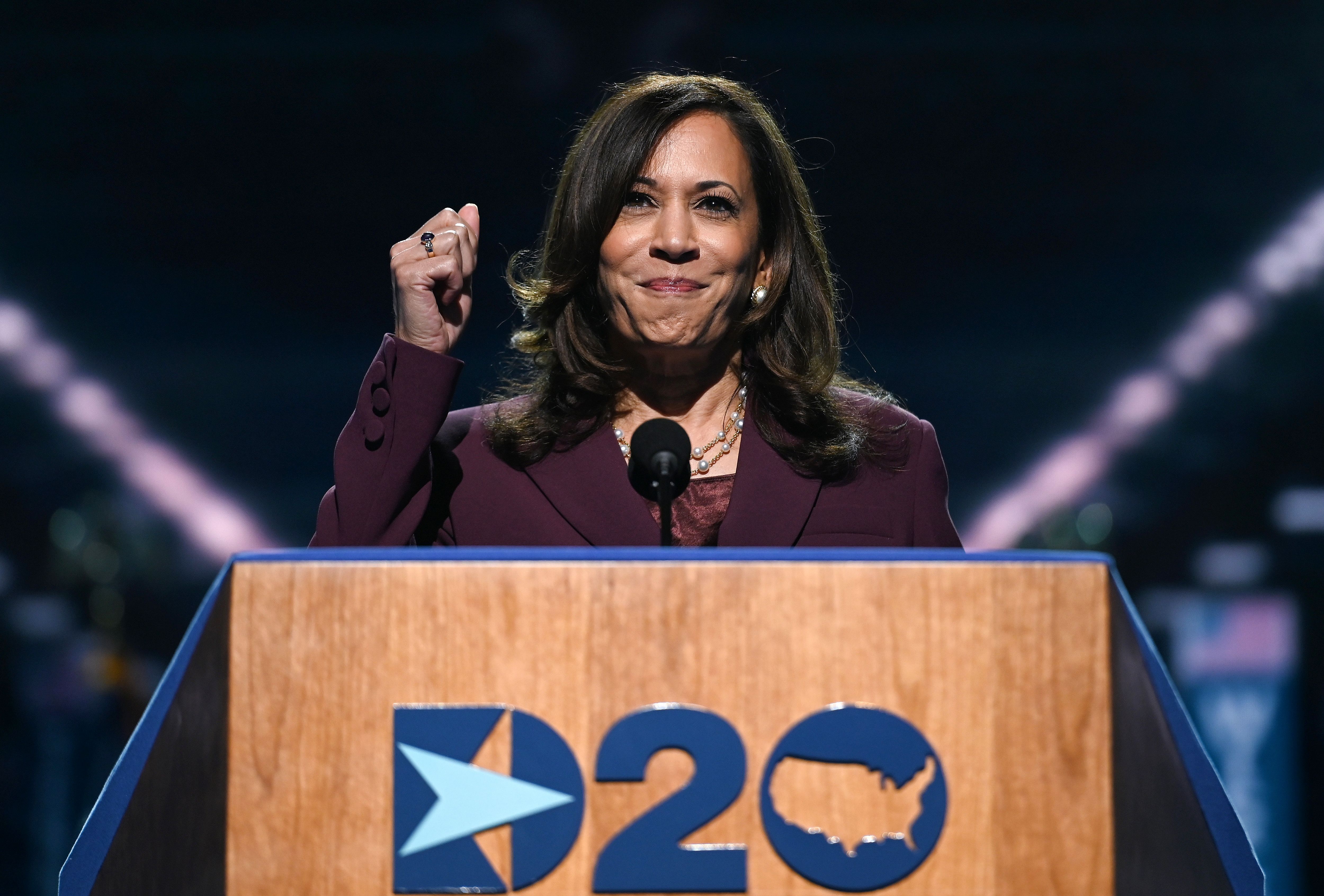 Senator from California and Democratic vice presidential nominee Kamala Harris speaks during the third day of the Democratic National Convention, being held virtually amid the novel coronavirus pandemic, at the Chase Center in Wilmington, Delaware, on Aug. 19, 2020. (Olivier Douliery / AFP / Getty Images)