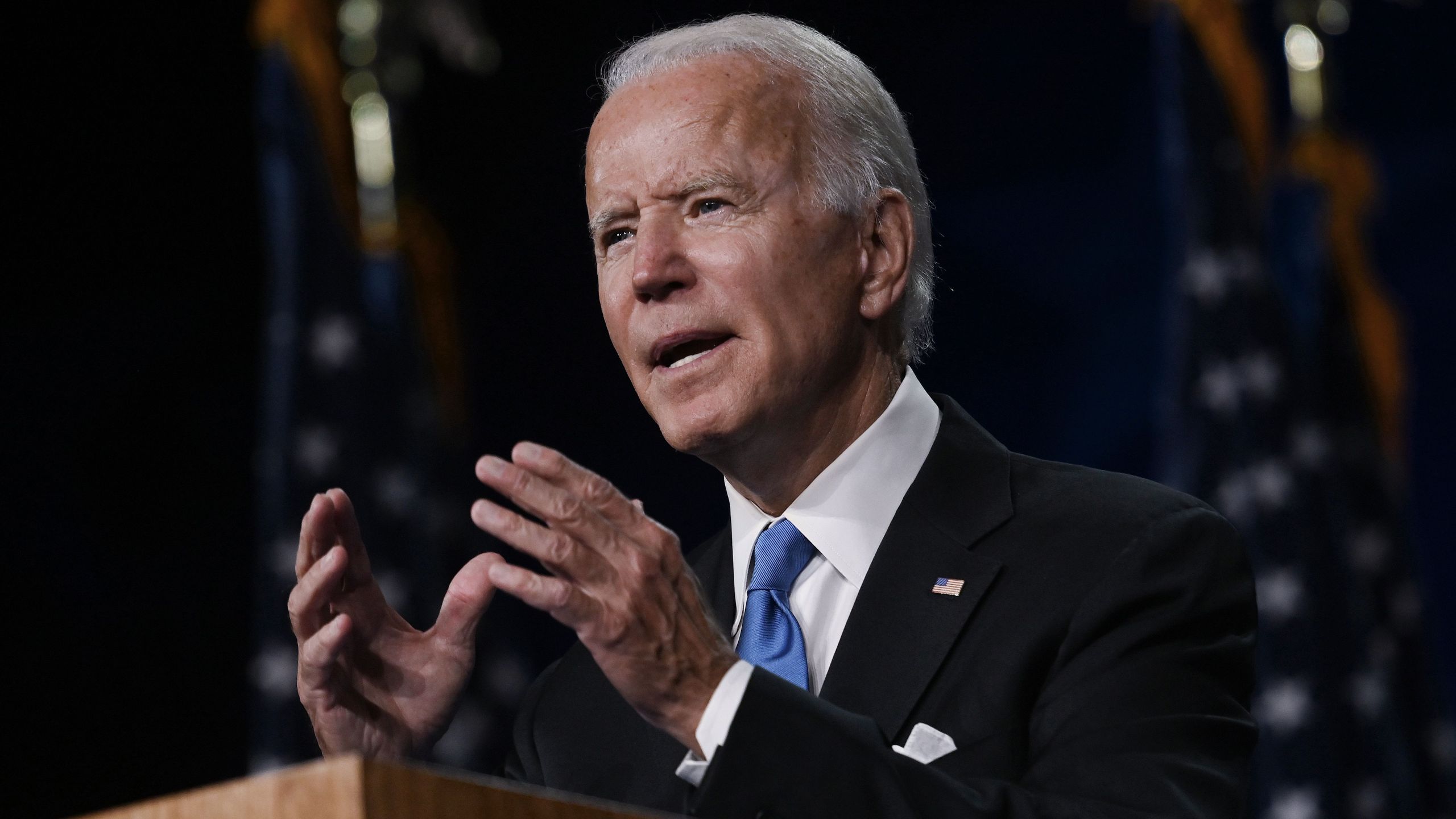 Former vice president and Democratic presidential nominee Joe Biden accepts the Democratic Party nomination for U.S. president during the last day of the Democratic National Convention on Aug. 20, 2020, at the Chase Center in Wilmington, Delaware. (Olivier Douliery / AFP / Getty Images)