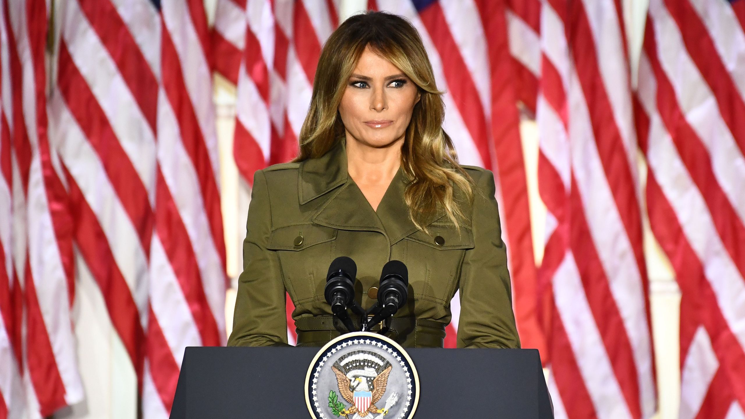 First lady Melania Trump addresses the Republican Convention during its second day from the Rose Garden of the White House Aug. 25, 2020. (Brendan Smialowski / AFP / Getty Images)