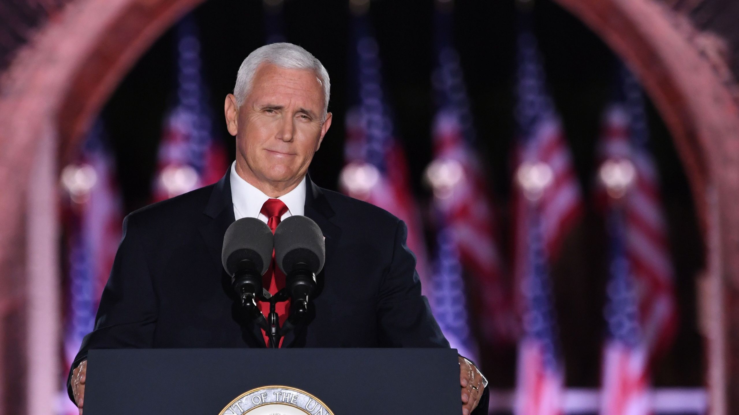 Vice President Mike Pence speaks during the third night of the Republican National Convention at Fort McHenry National Monument in Baltimore, Maryland, on Aug. 26, 2020. (Saul Loeb / AFP / Getty Images)