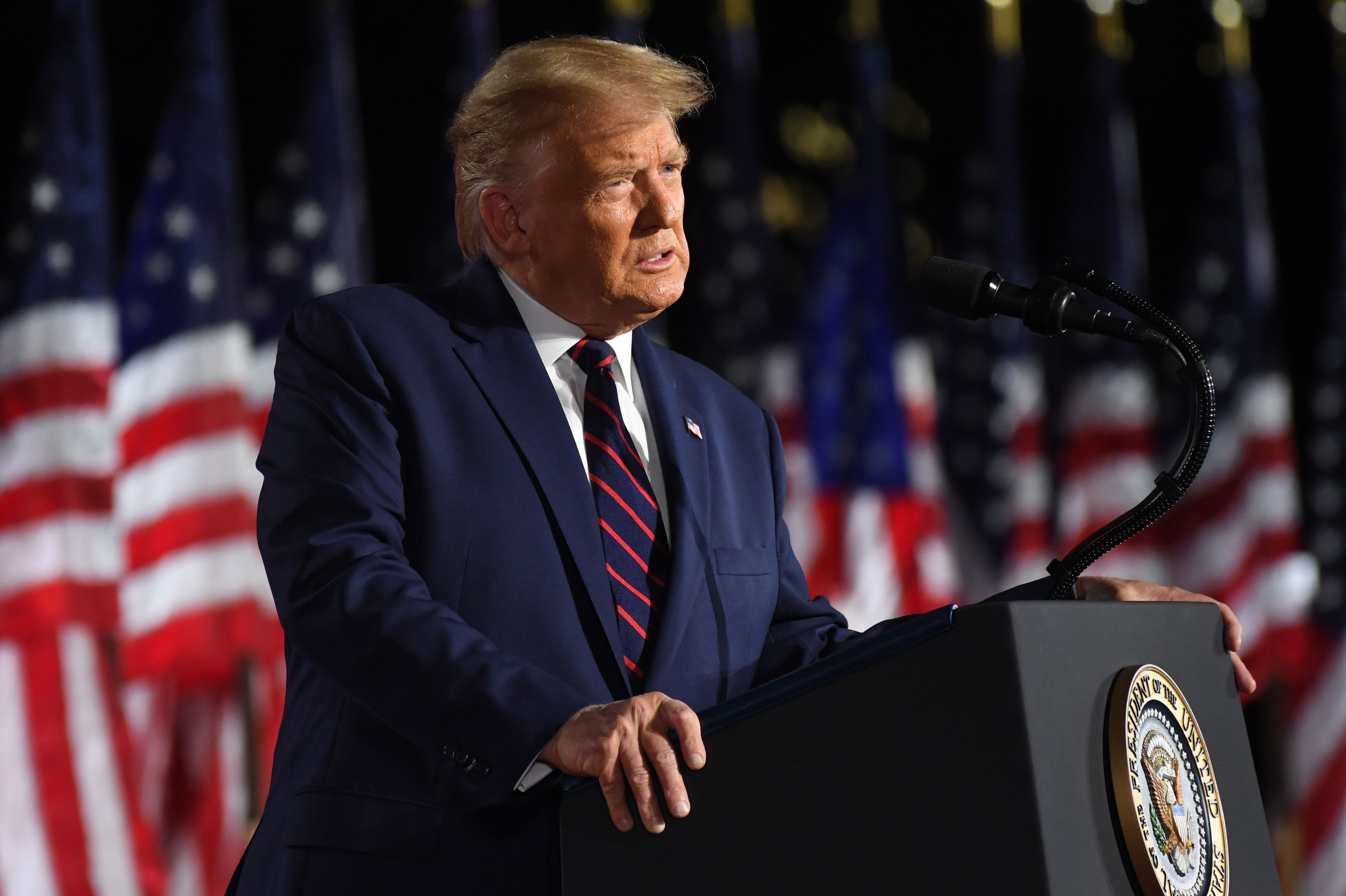 President Donald Trump delivers his acceptance speech for the Republican Party nomination for reelection during the final day of the Republican National Convention from the South Lawn of the White House on Aug. 27, 2020. (Saul Loeb / AFP / Getty Images)