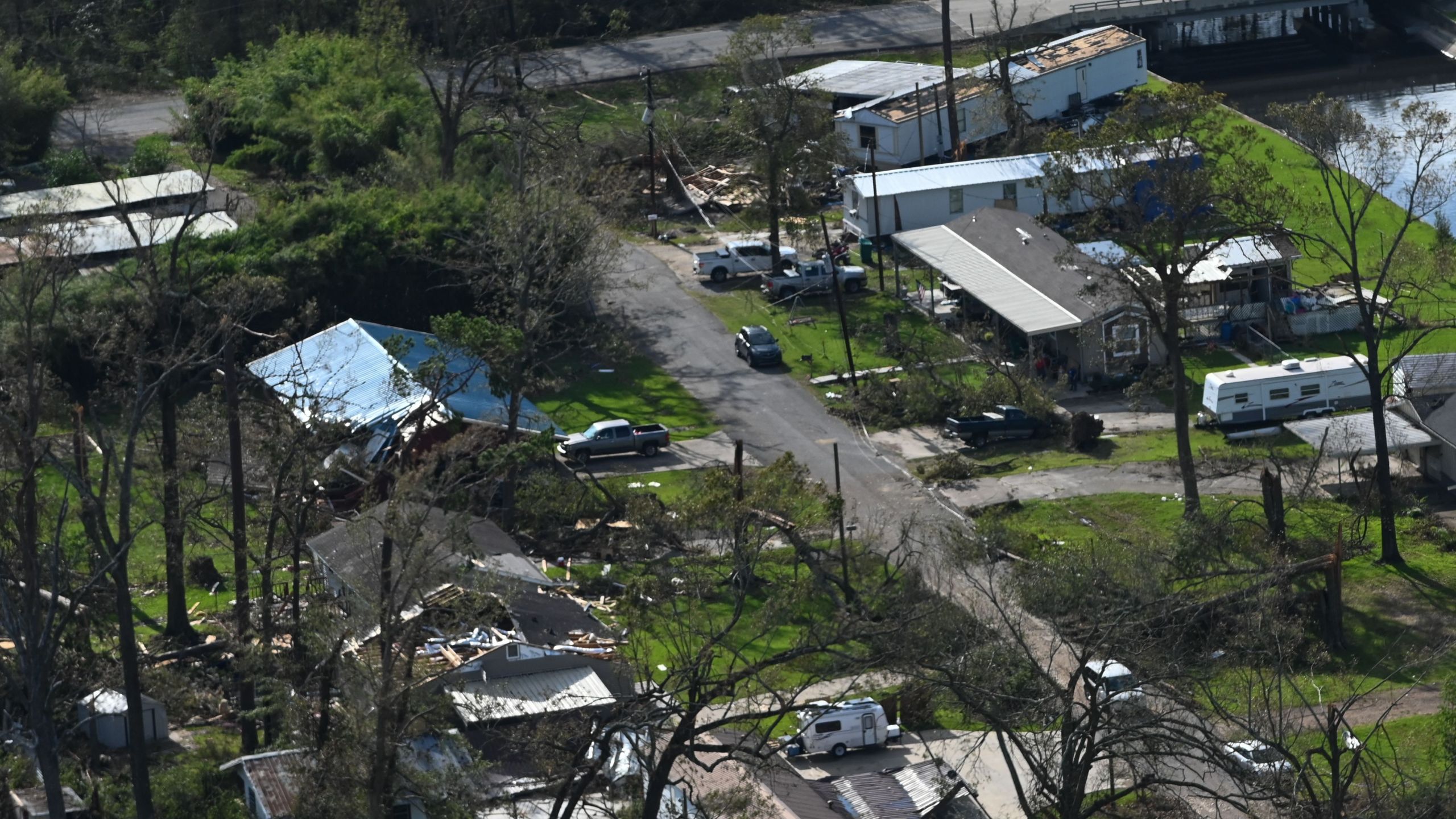 Damaged homes can be seen in this aerial view of a neighborhood of Lake Charles, La., on Aug. 29, 2020, after the passage of Hurricane Laura. (ROBERTO SCHMIDT/AFP via Getty Images)