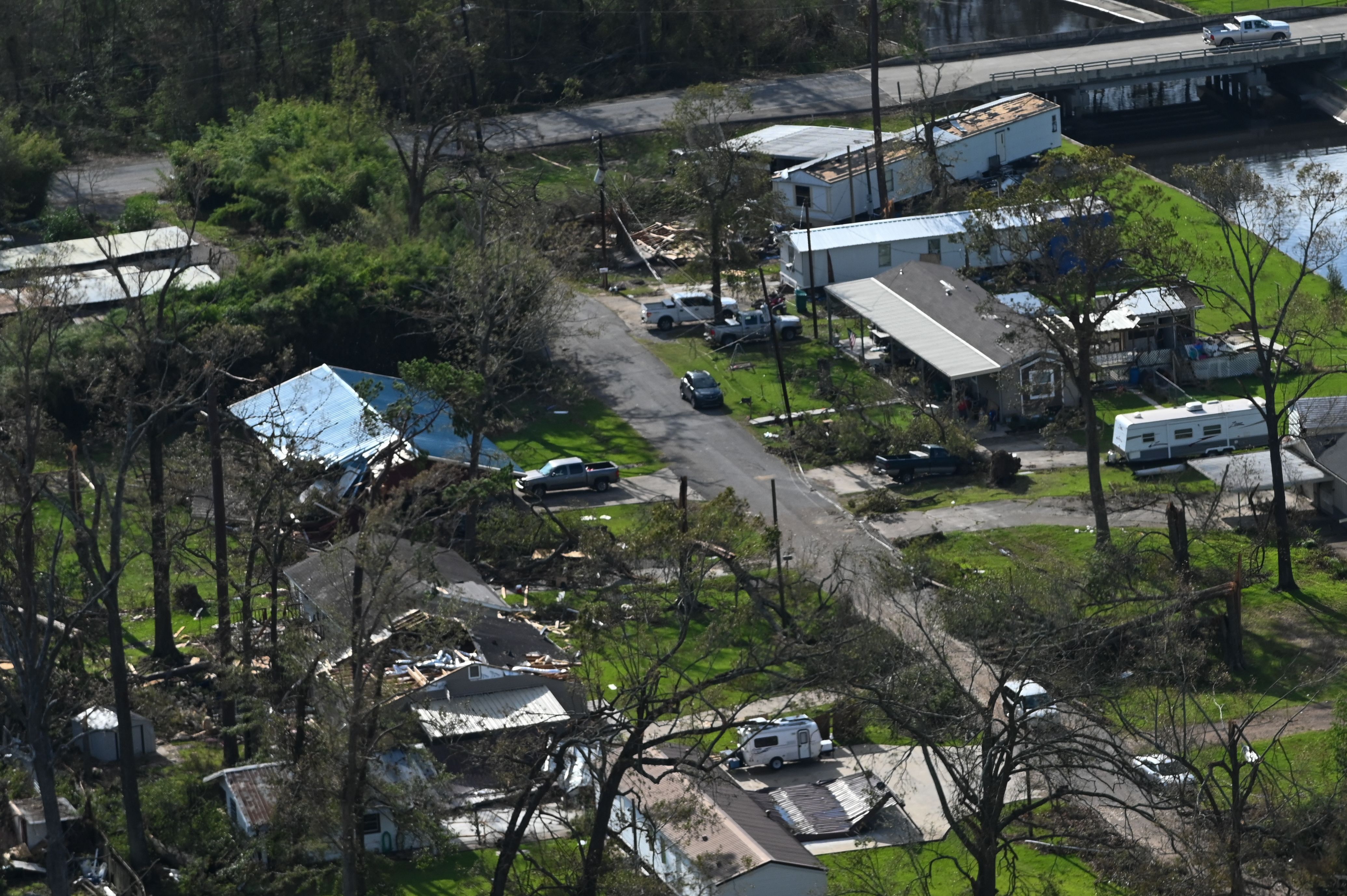 Damaged homes can be seen in this aerial view of a neighborhood of Lake Charles, La., on Aug. 29, 2020, after the passage of Hurricane Laura. (ROBERTO SCHMIDT/AFP via Getty Images)