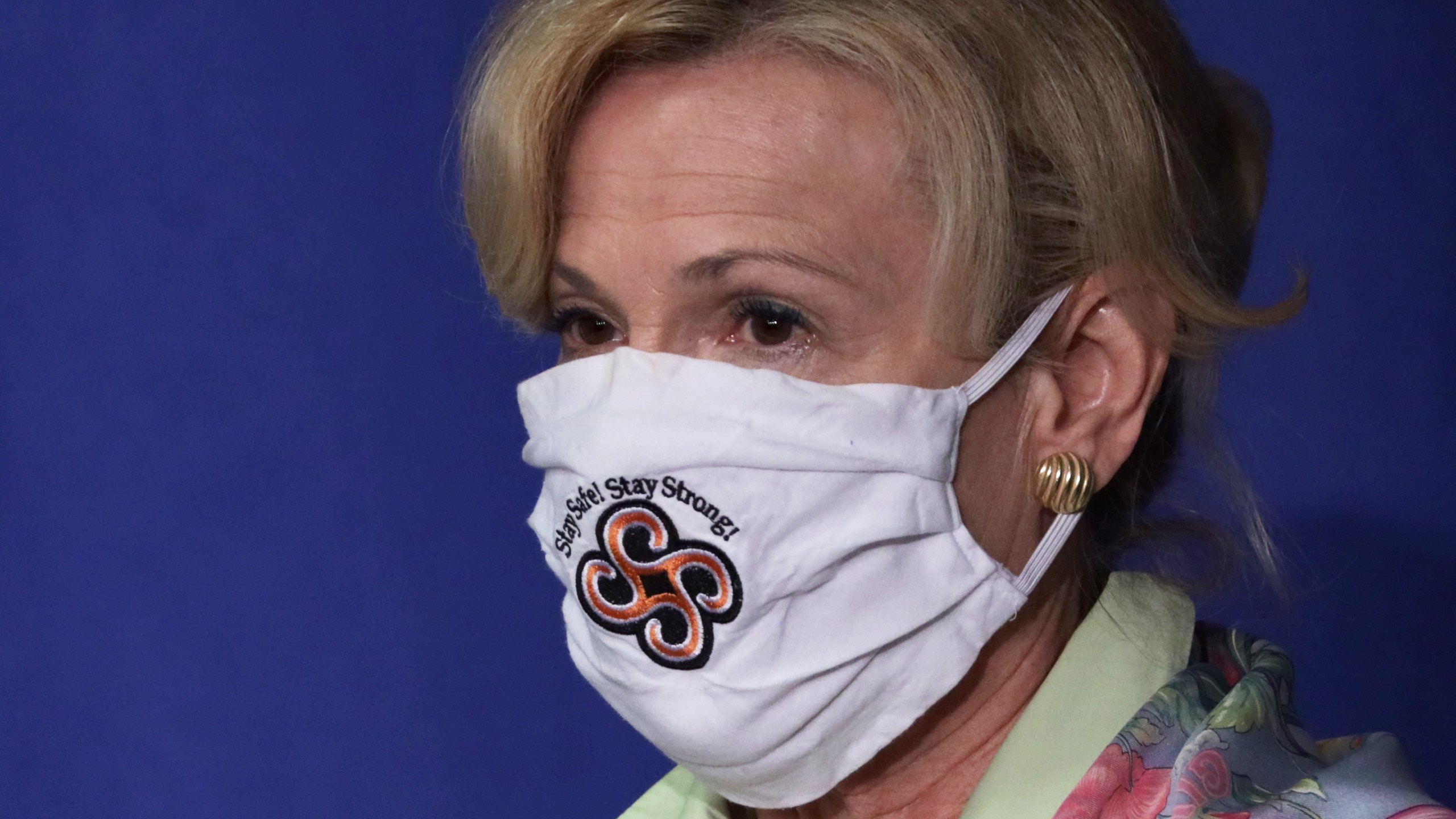 White House coronavirus response coordinator Deborah Birx wears a mask as she listens during a White House Coronavirus Task Force press briefing at the U.S. Department of Education July 8, 2020 in Washington, DC. (Photo by Alex Wong/Getty Images)