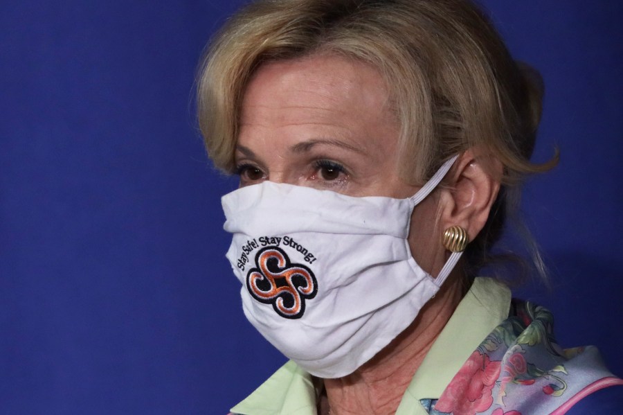 White House coronavirus response coordinator Deborah Birx wears a mask as she listens during a White House Coronavirus Task Force press briefing at the U.S. Department of Education July 8, 2020 in Washington, DC. (Photo by Alex Wong/Getty Images)