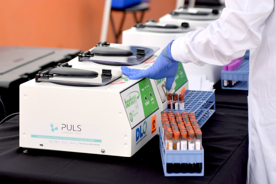 Medical workers are seen at a free serology antibody testing community event, hosted by GUARDaHEART Foundation and Baldwin Hills Crenshaw Plaza on Aug. 5, 2020. (Matt Winkelmeyer/Getty Images)