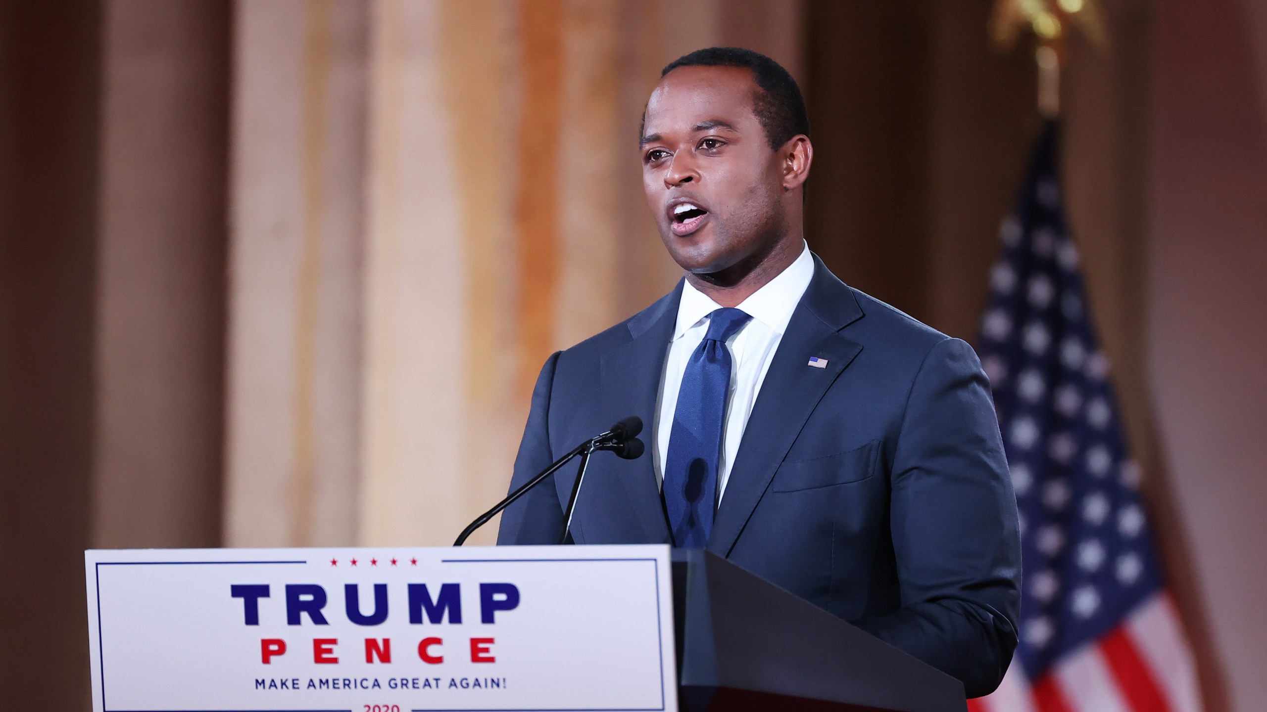 Kentucky Attorney General Daniel Cameron stands on stage in an empty Mellon Auditorium while addressing the Republican National Convention on Aug. 25, 2020 in Washington, D.C. (Chip Somodevilla/Getty Images)