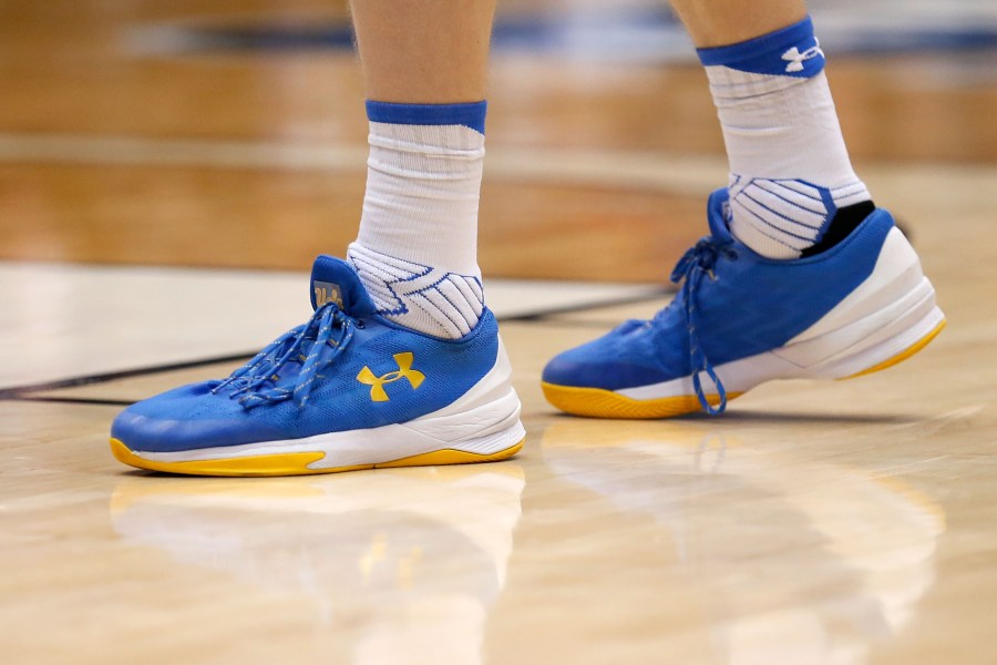 A detail of the Under Armour shoes worn by Thomas Welsh #40 of the UCLA Bruins is seen during a game at UD Arena on March 13, 2018, in Dayton, Ohio. (Kirk Irwin/Getty Images)