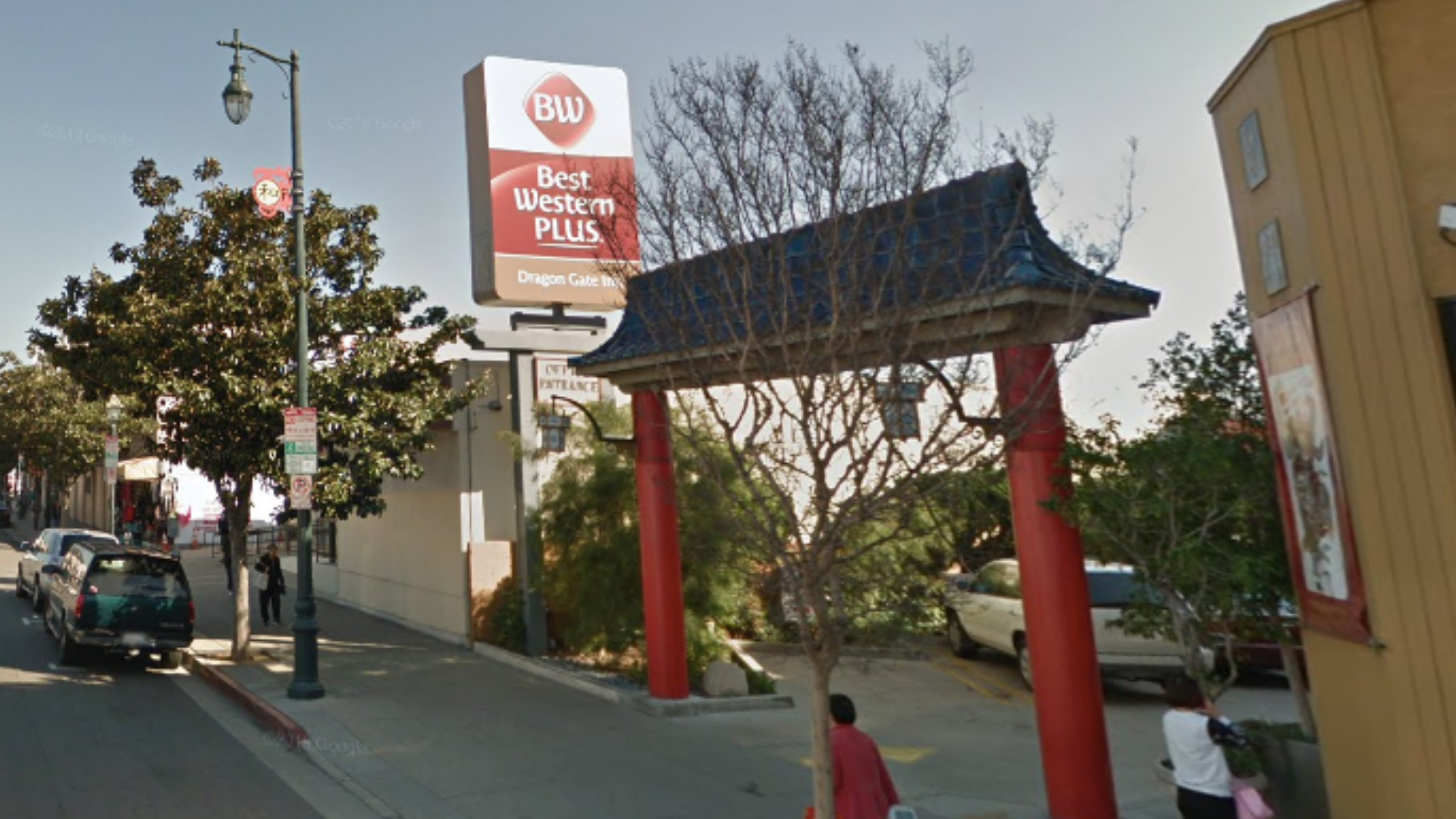 The Best Western Plus Dragon Gate Inn in Chinatown, Los Angeles is seen in a Google Maps image.