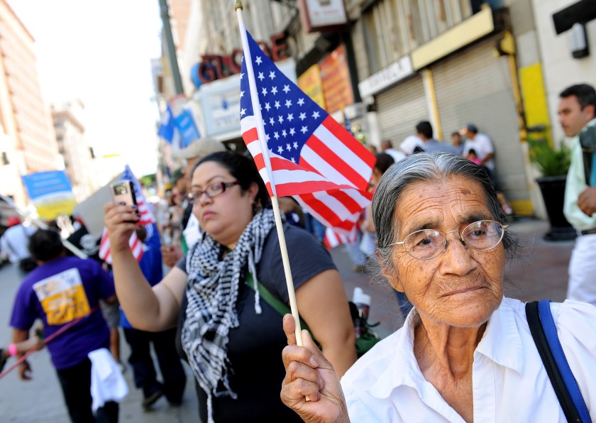 Demonstrators at a march for immigrants rights in downtown Los Angeles, May 2011. The youngest Latinos are most likely to use the term ‘Latinx’ to self-identify.(Wally Skalij / Los Angeles Times)