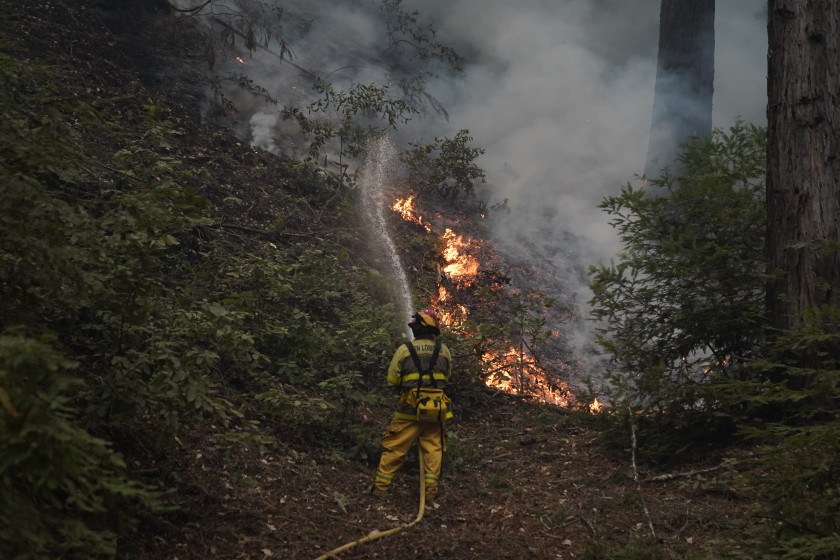 Firefighters work to contain a blaze during the CZU August Lightning Complex Fires on Friday, Aug. 21, 2020 in Ben Lomond, CA. (Kent Nishimura/Los Angeles Times)